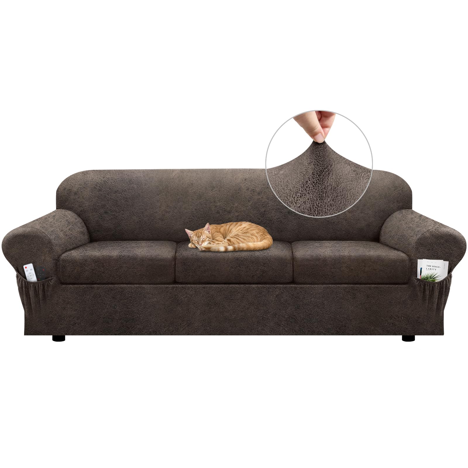 Sofa Slipcover with Armrest Pockets 4-Piece Set, Stretch Faux Leather Couch Cover for 3-Cushion Couches(Fits 72-92") - Non-Slip, Machine Washable, Pet & Kid Friendly - Beige
