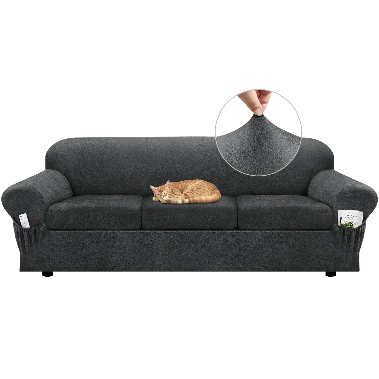 Sofa Slipcover with Armrest Pockets 4-Piece Set, Stretch Faux Leather Couch Cover for 3-Cushion Couches(Fits 72-92") - Non-Slip, Machine Washable, Pet & Kid Friendly - Beige