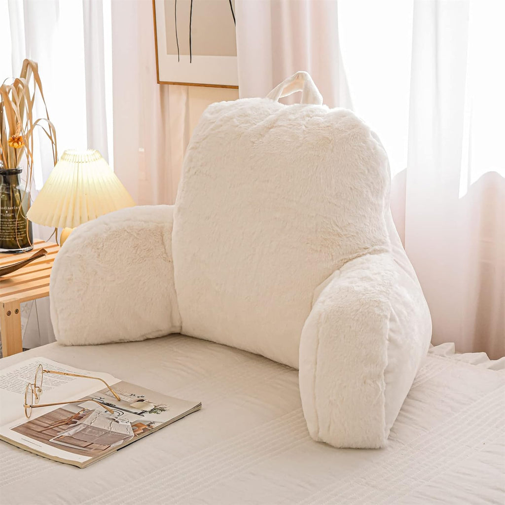 Ivory Faux Fur Wedge Reading Pillow with Arms, Large Back Support for Bed & Couch