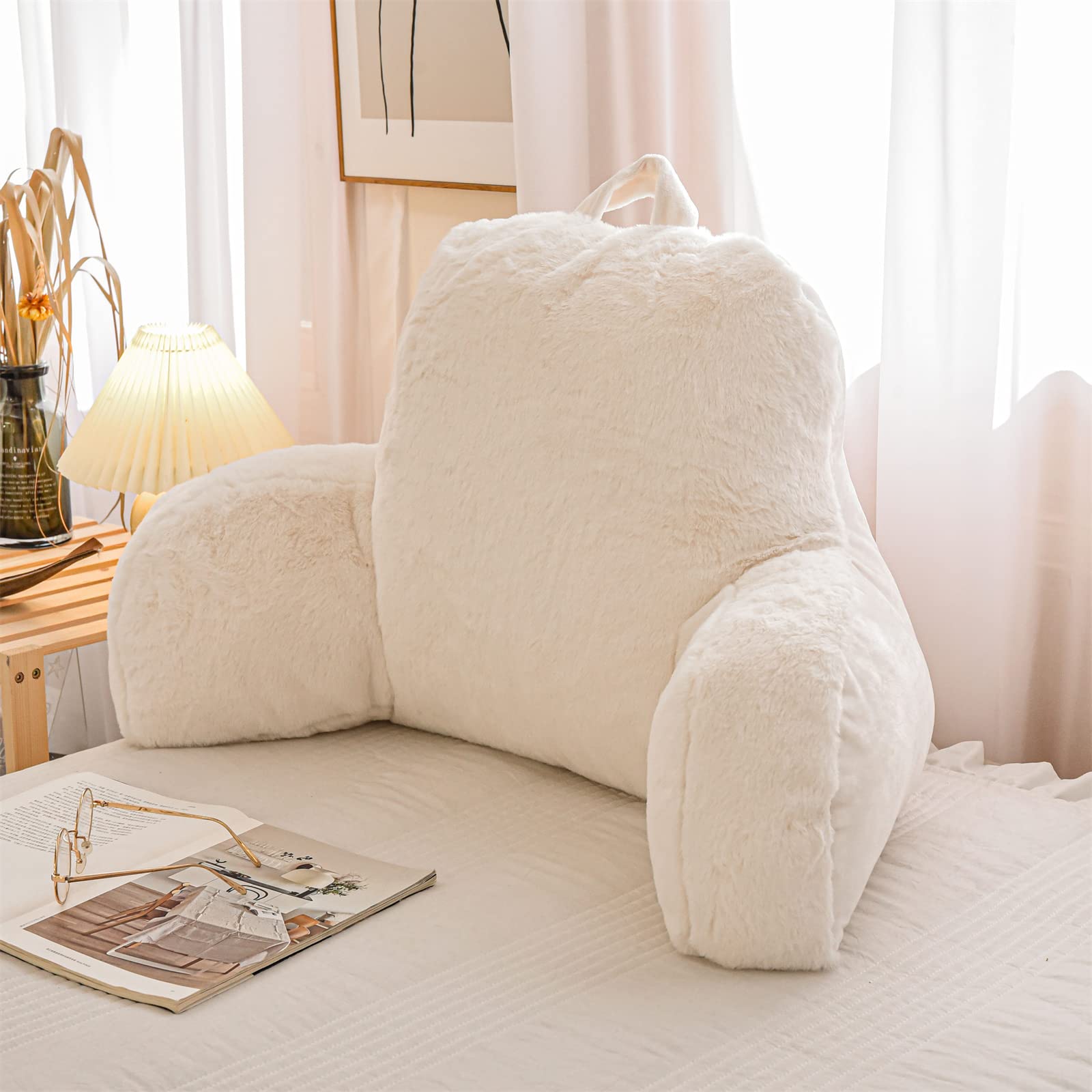 Ivory Faux Fur Wedge Reading Pillow with Arms, Large Back Support for Bed & Couch