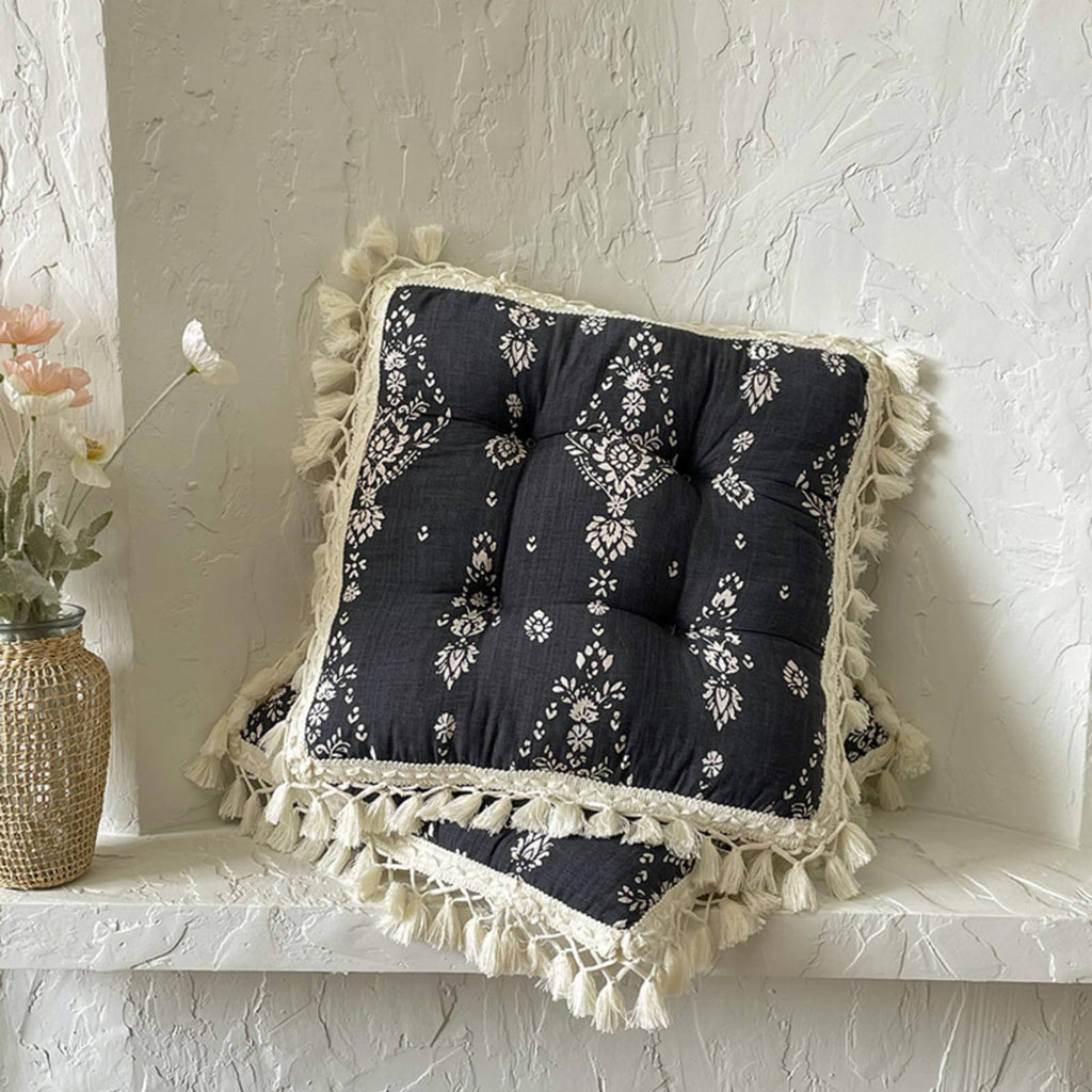 Set of 2 Floral Printed Chair Pads with Tassels Cotton Linen Square Chair Cushions 17x17x3 Inch Seat Cushion for Living Room Kitchen and Officewooden Chair (Green,17"x17")
