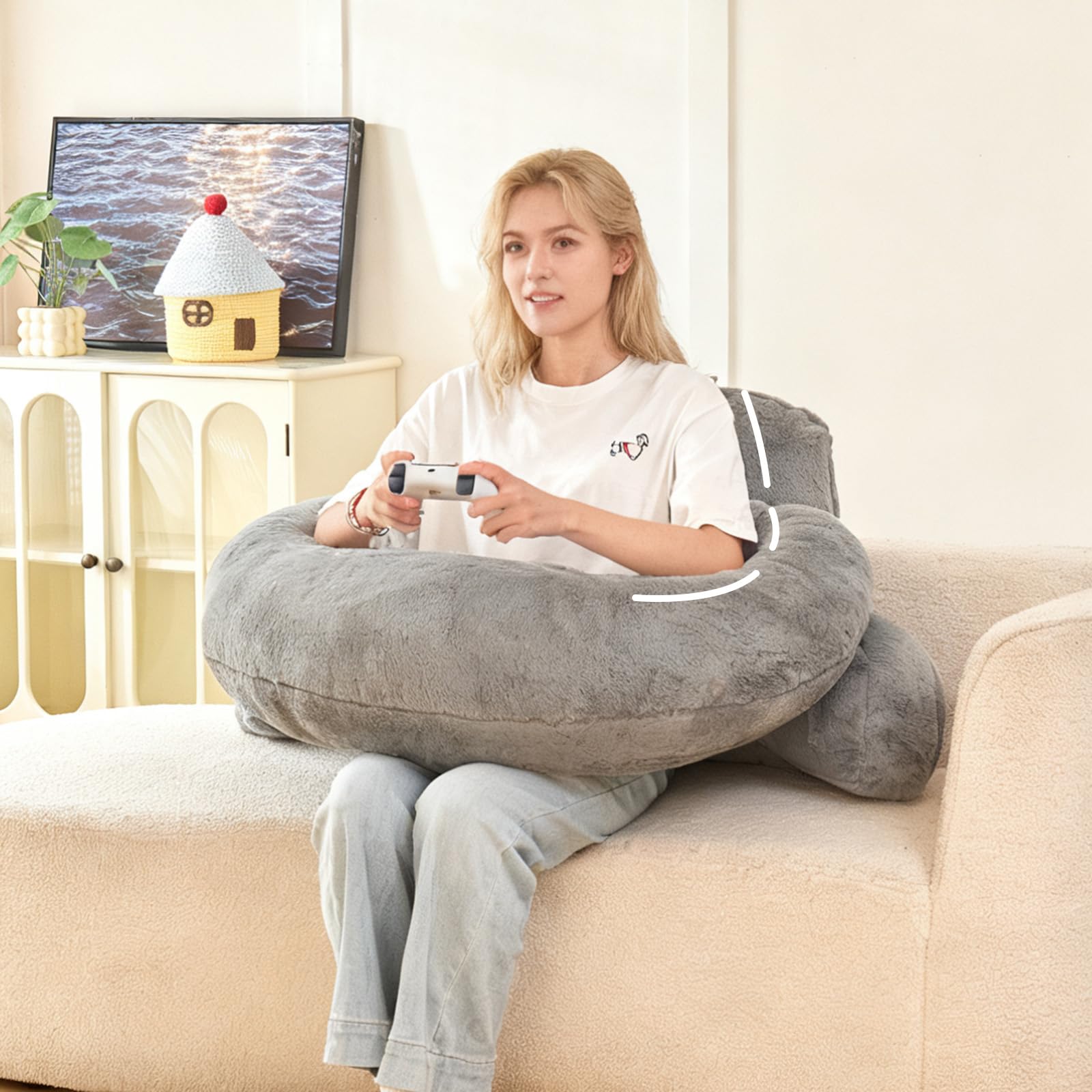 Bed Reading Pillow 17",Cozy Flannel U Shaped Back Support Cushion for Sitting up in Bed,Small Laptop Desk Lap Pillow for College Dorm,Apartment,Medium - White