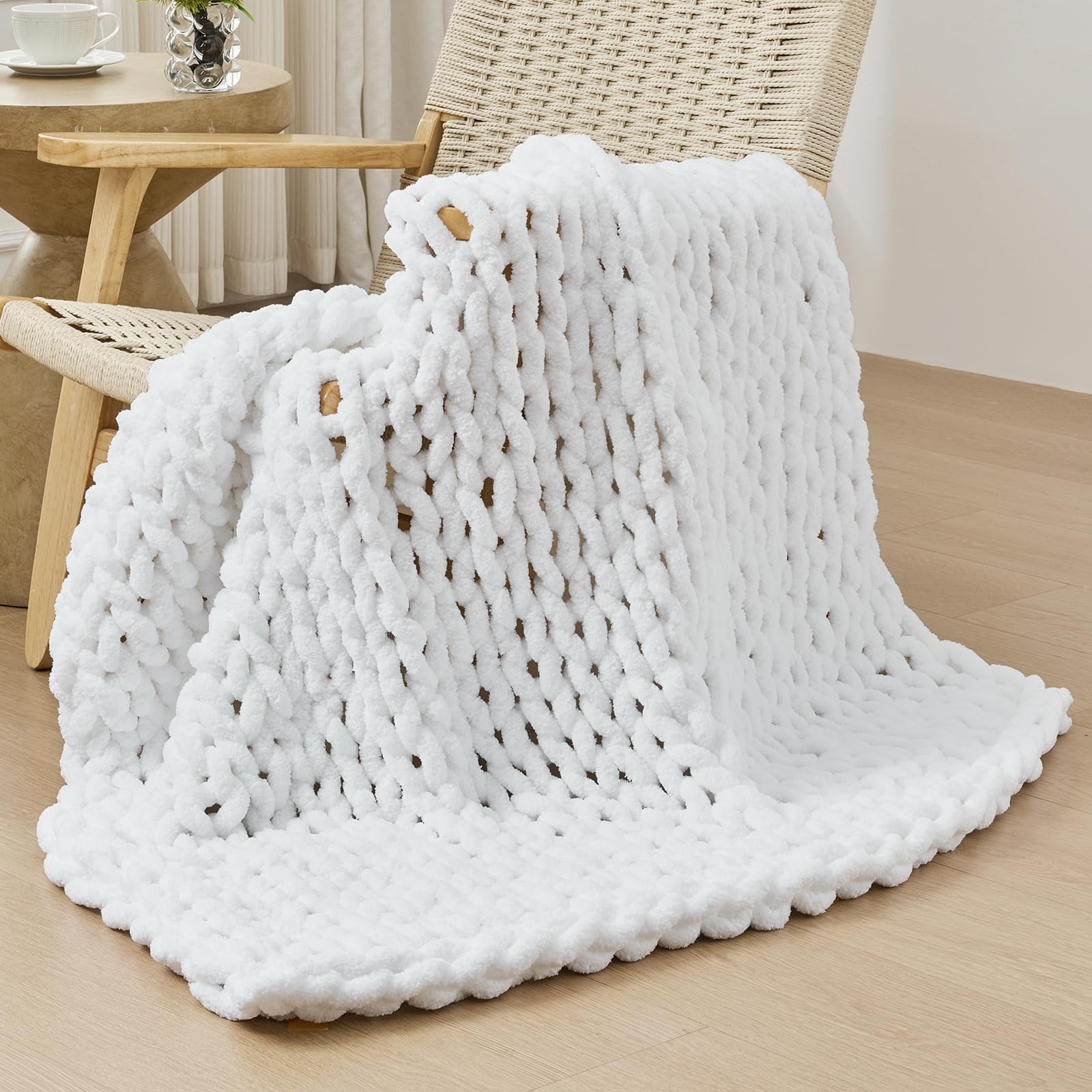 Bigacogo Chunky Knit Throw Blanket for Couch, 40x60 inches, 100% Hand Knitted with Thick Jumbo Chenille Yarn, Cozy Soft Large Rope Knot Cable Crochet Blankets for Sofa Bed Living Room, Beige
