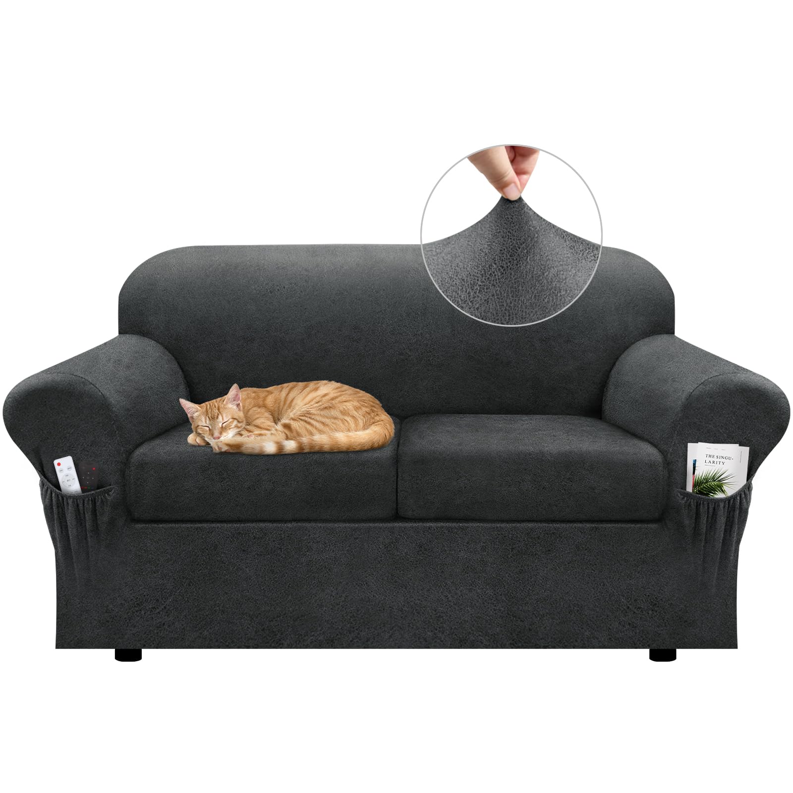 Sofa Slipcover with Armrest Pockets 4-Piece Set, Stretch Faux Leather Couch Cover for 3-Cushion Couches(Fits 72-92") - Non-Slip, Machine Washable, Pet & Kid Friendly - Beige