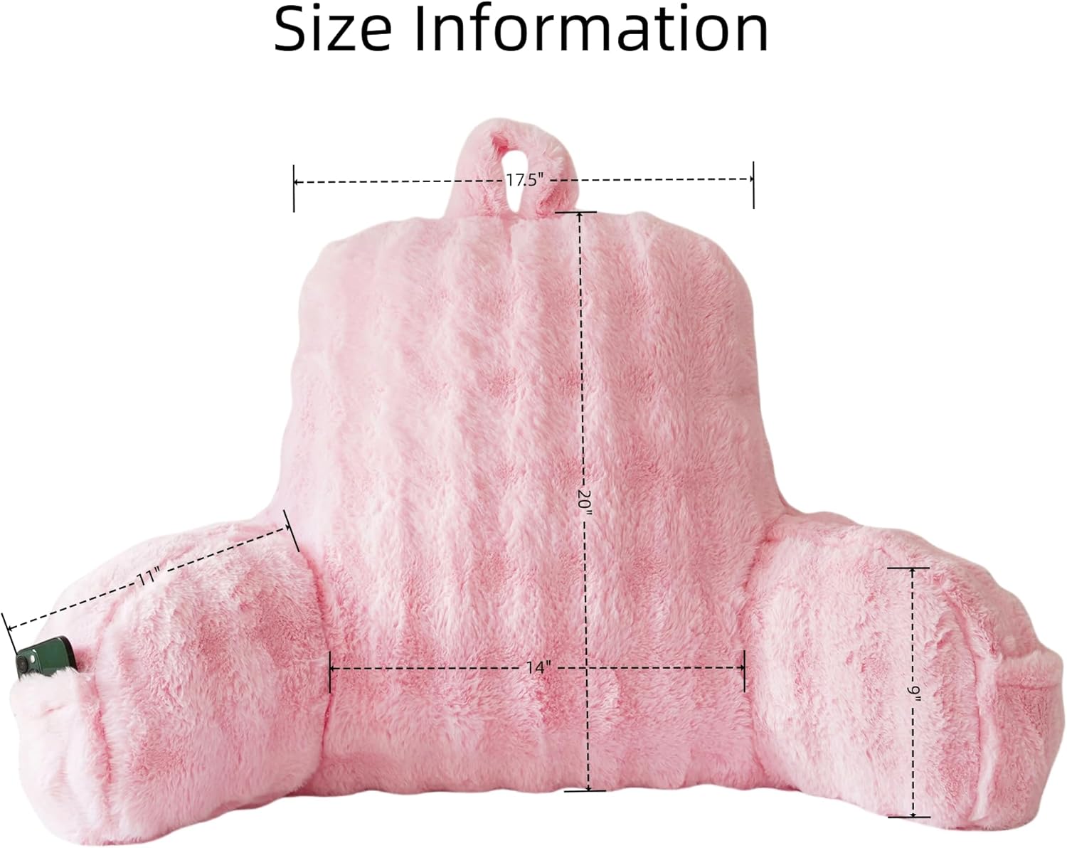 Faux Fur Reading Pillow for Sitting in Bed, Large Backrest Bed Pillow with Arms, Back Support Pillow for Lounging Bedrest, Pink