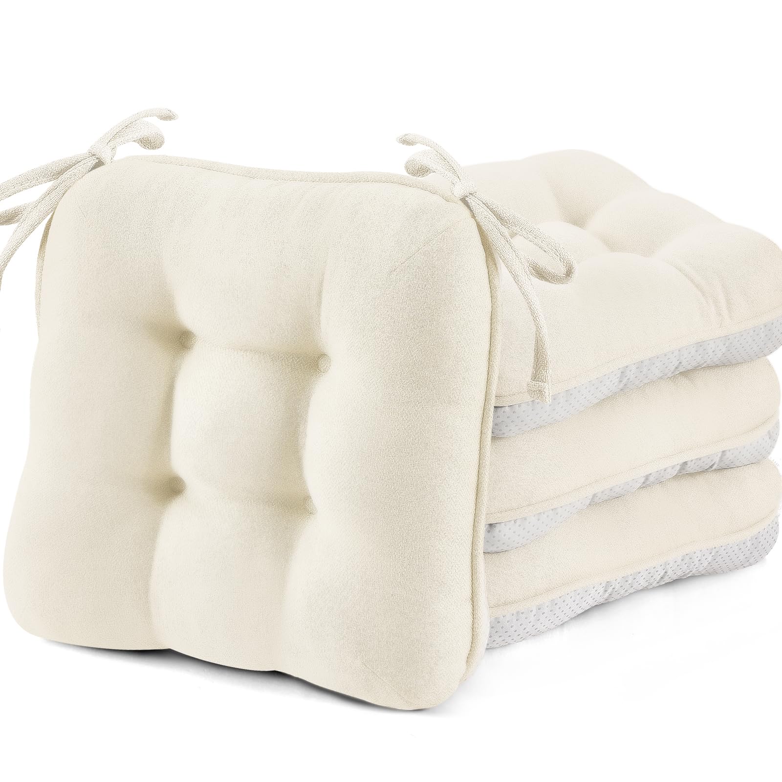 BETU Chair Cushions for Dining Chairs Set of 4,3.5" Thick Kitchen Table Chair Pads with Ties,Non Slip Backing and Covers, Seat Cushion for Dining Room,Bar,Patio Chairs,15.5"X15.5"X3.5",Beige