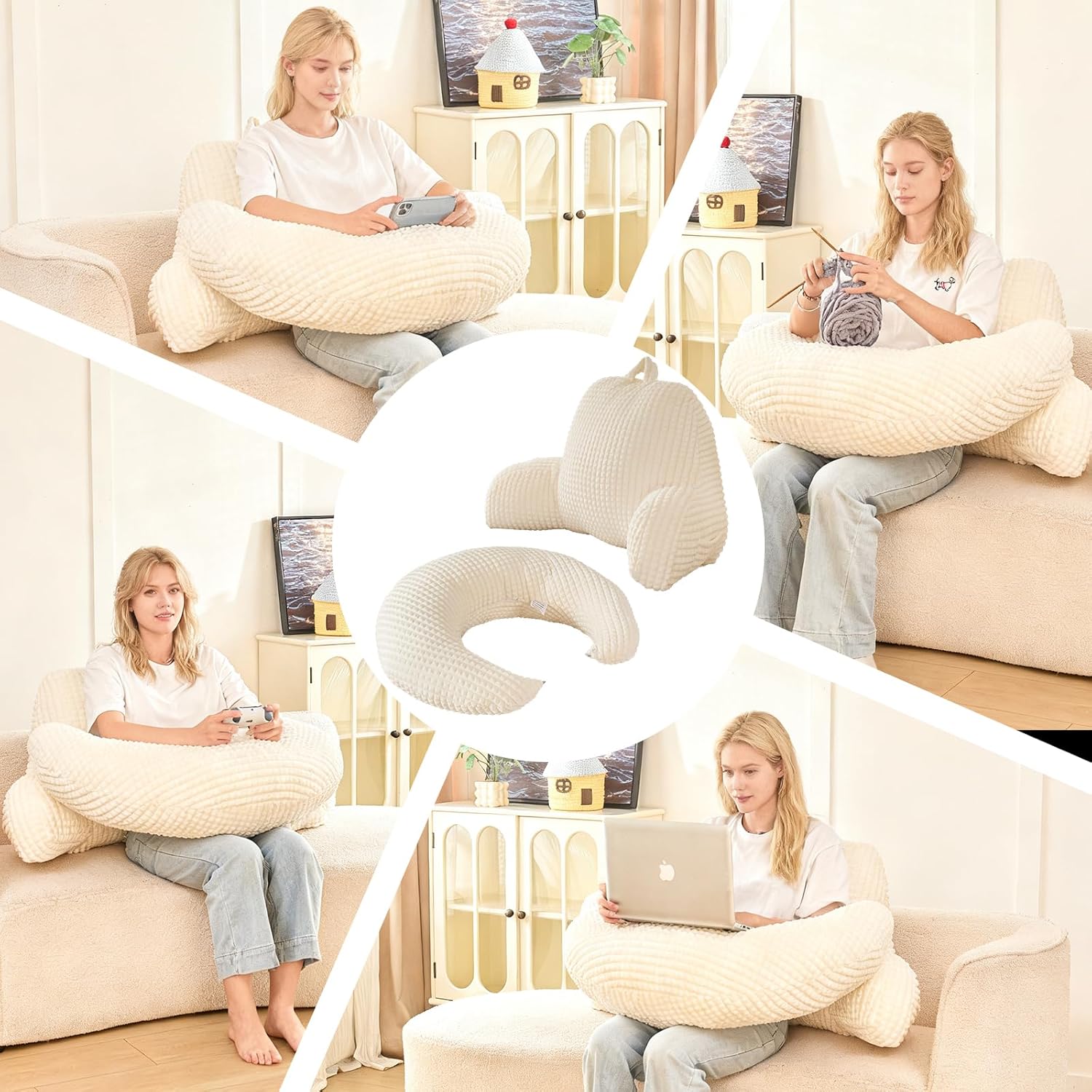 Bed Reading Pillow 17",Cozy Flannel U Shaped Back Support Cushion for Sitting up in Bed,Small Laptop Desk Lap Pillow for College Dorm,Apartment,Medium - White