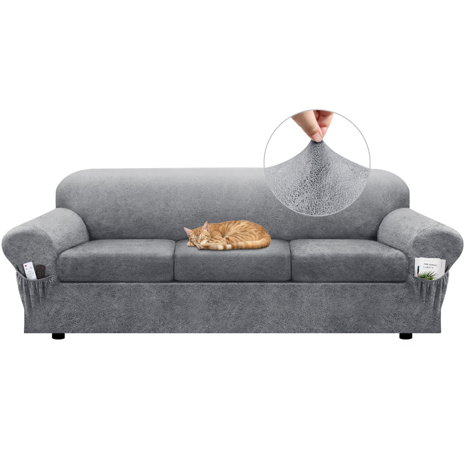 Sofa Slipcover with Armrest Pockets 4-Piece Set, Stretch Faux Leather Couch Cover for 3-Cushion Couches(Fits 72-92") - Non-Slip, Machine Washable, Pet & Kid Friendly - Beige