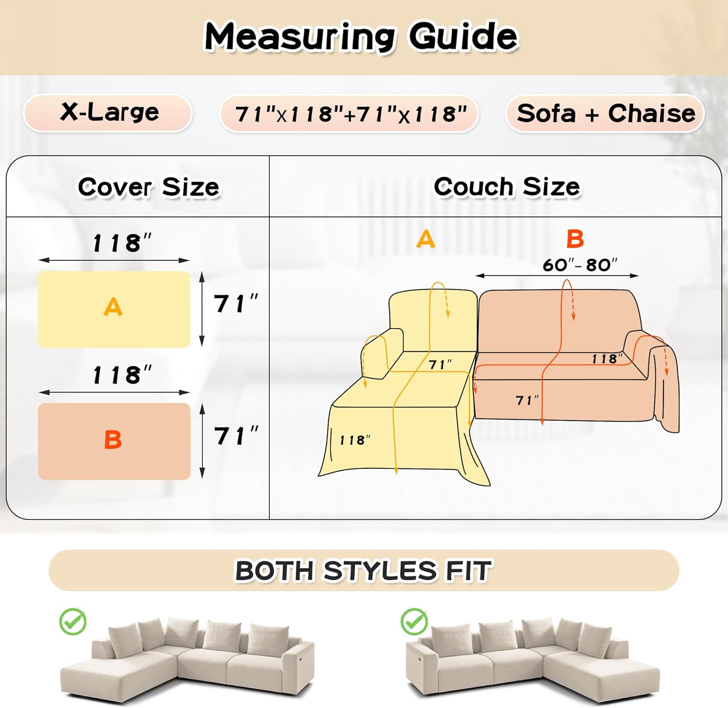 MYSKY HOME Couch Cover for Sectional Sofa, 2 Pieces Chenille Couch Covers for L Shape Sofa Cover, Furniture Protector for Pets, Kids, Sofa Slipcover for 2-3 Cushion Couch (71"x118"+71"x118", Beige)