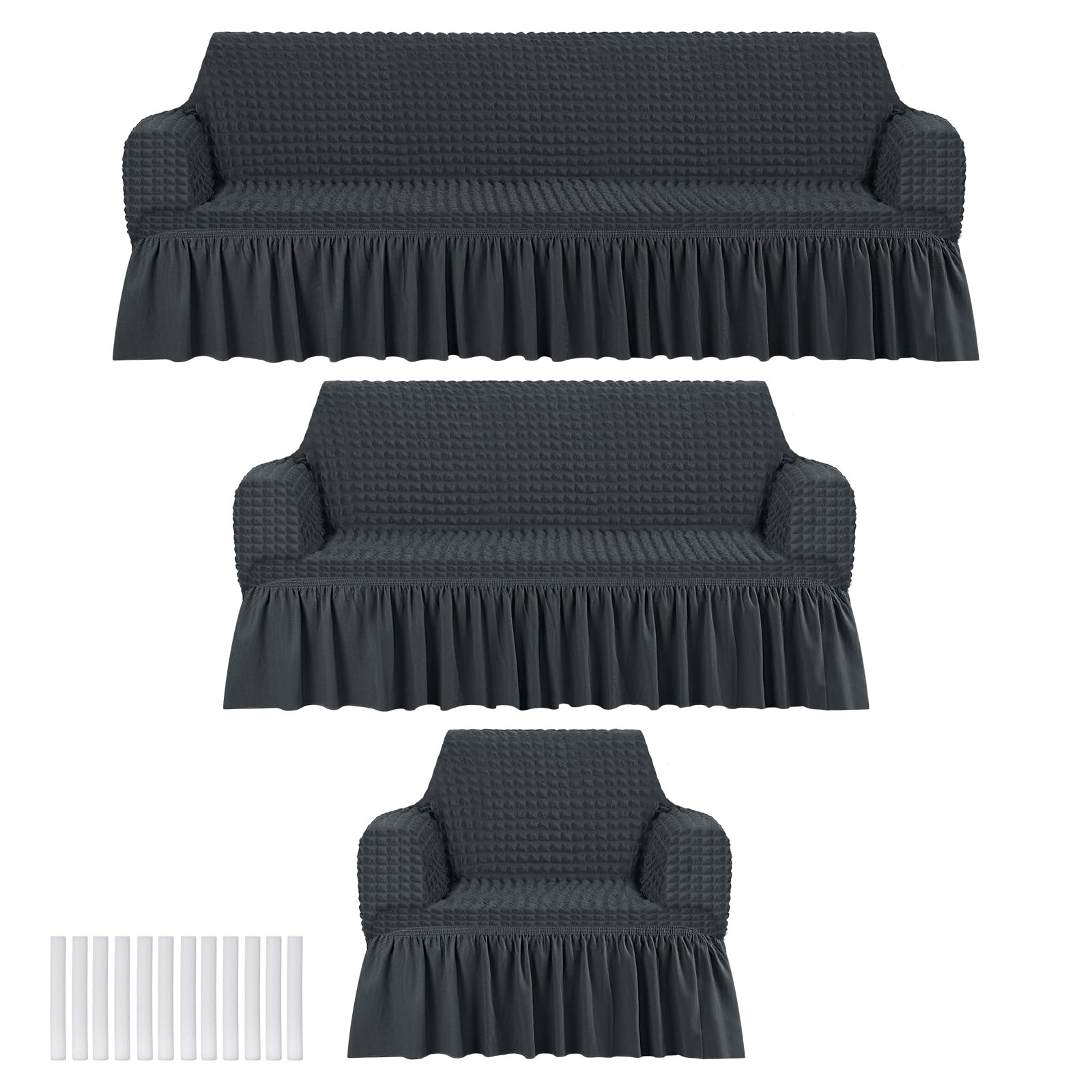 Fanfanwin 3 Pcs Sofa Slipcover Set for Couch Cushion Durable Washable High Elastic Stretchable Furniture Couch Covers with Skirt for Sofa Loveseat Arm Chair(Beige,Seersucker)