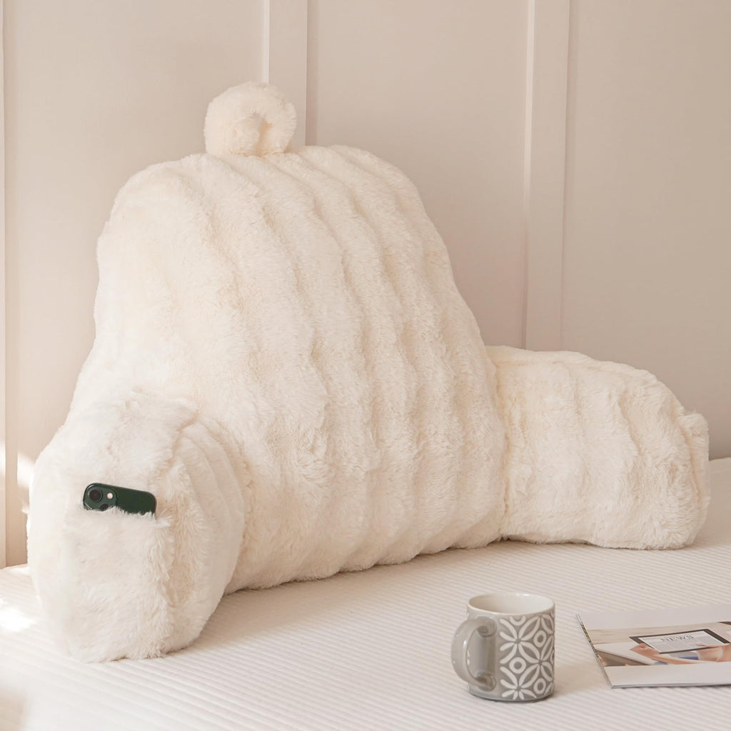 Faux Fur Reading Pillow for Sitting in Bed, Large Backrest Bed Pillow with Arms, Back Support Pillow for Lounging Bedrest, Pink