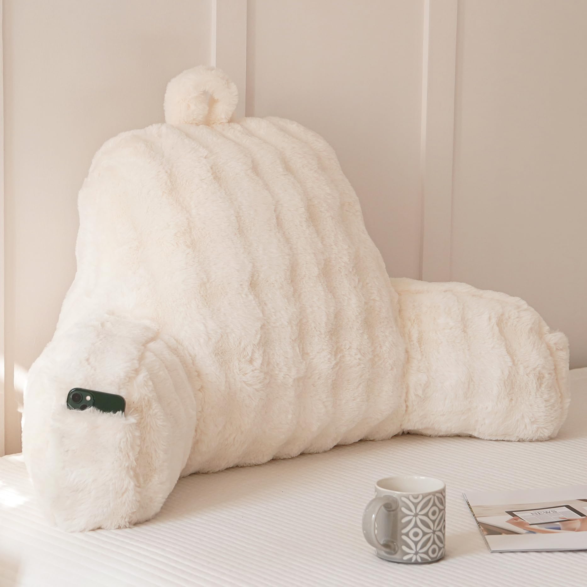 Faux Fur Reading Pillow for Sitting in Bed, Large Backrest Bed Pillow with Arms, Back Support Pillow for Lounging Bedrest, Pink
