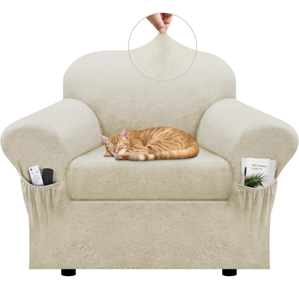Sofa Slipcover with Armrest Pockets 4-Piece Set, Stretch Faux Leather Couch Cover for 3-Cushion Couches(Fits 72-92") - Non-Slip, Machine Washable, Pet & Kid Friendly - Beige