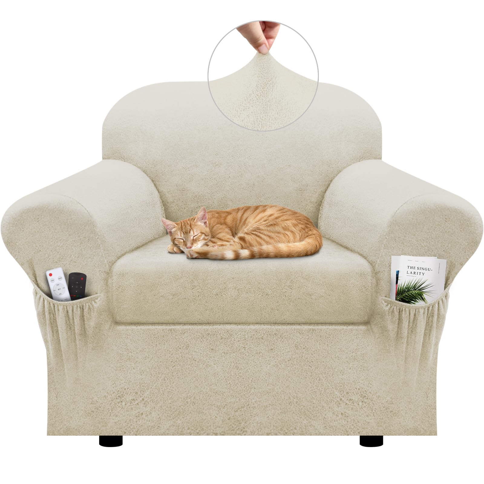 Sofa Slipcover with Armrest Pockets 4-Piece Set, Stretch Faux Leather Couch Cover for 3-Cushion Couches(Fits 72-92") - Non-Slip, Machine Washable, Pet & Kid Friendly - Beige