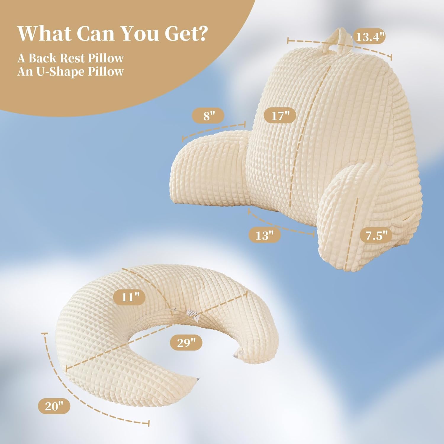 Bed Reading Pillow 17",Cozy Flannel U Shaped Back Support Cushion for Sitting up in Bed,Small Laptop Desk Lap Pillow for College Dorm,Apartment,Medium - White