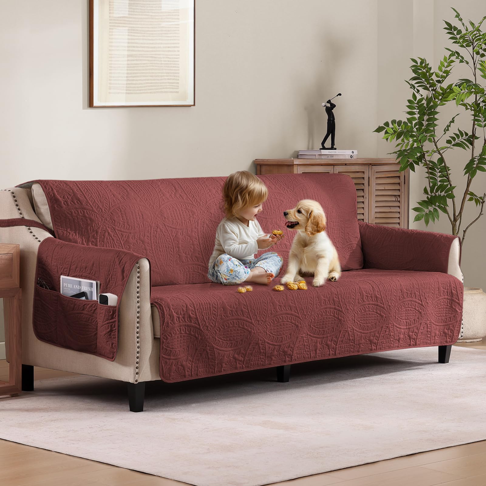 Quilted Sofa Slipcovers with Pockets, Anti-Slip Medallion Designed Couch Covers for 3 Cushion Sofa, Couch Cover for Dogs Cats Water-Repellent Machine Washable (Large Sofa 68", Ivory White)