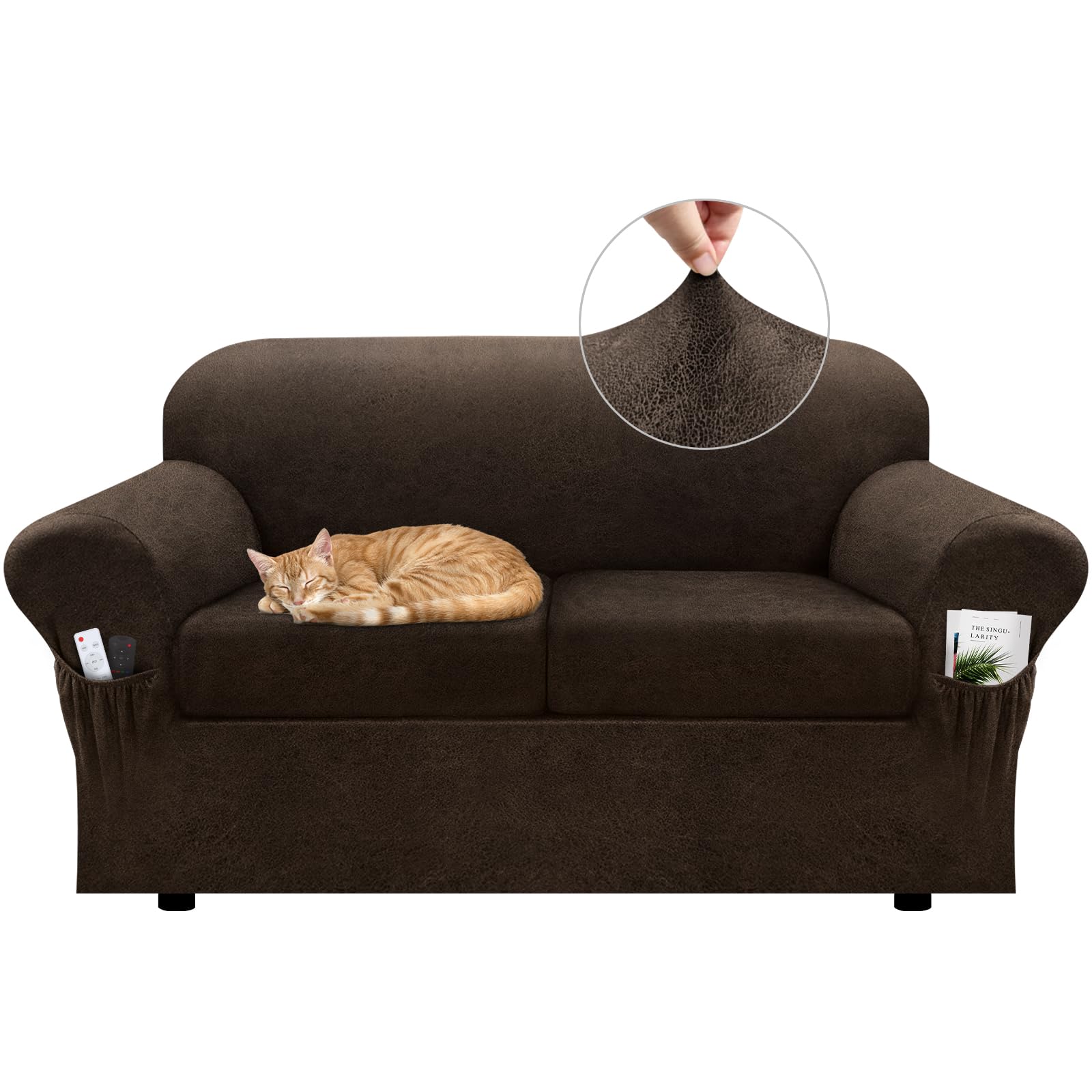 Sofa Slipcover with Armrest Pockets 4-Piece Set, Stretch Faux Leather Couch Cover for 3-Cushion Couches(Fits 72-92") - Non-Slip, Machine Washable, Pet & Kid Friendly - Beige