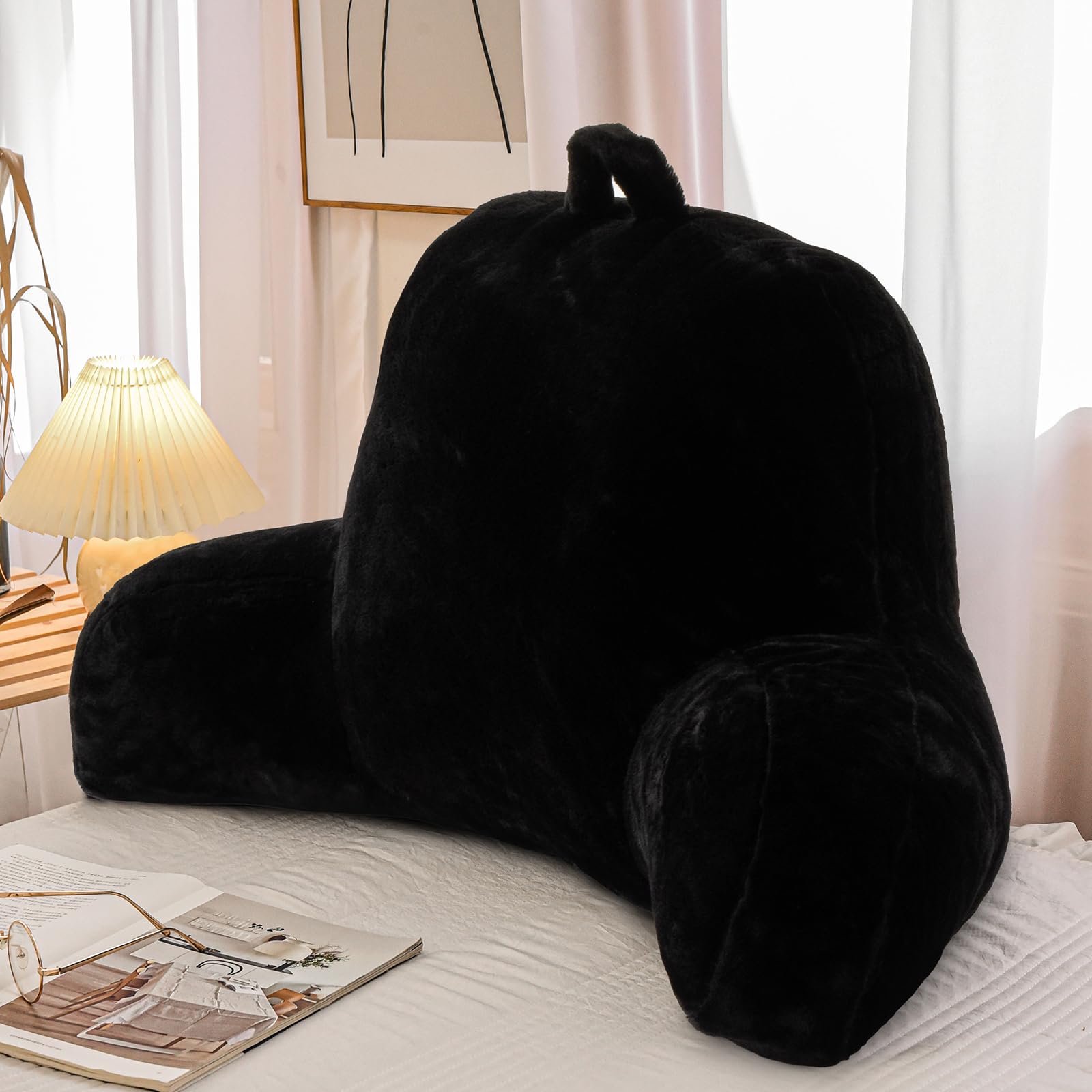 Ivory Faux Fur Wedge Reading Pillow with Arms, Large Back Support for Bed & Couch