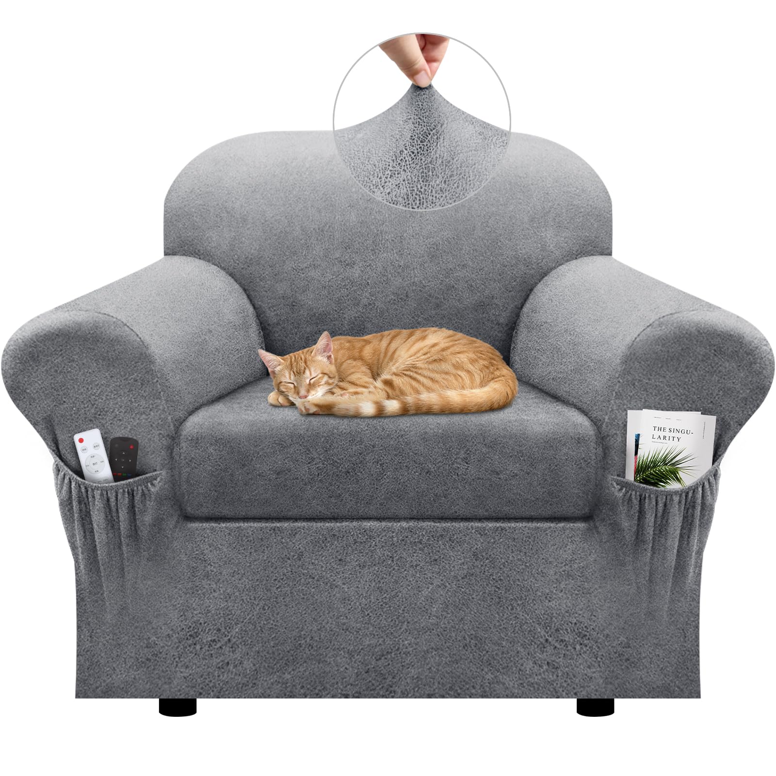 Sofa Slipcover with Armrest Pockets 4-Piece Set, Stretch Faux Leather Couch Cover for 3-Cushion Couches(Fits 72-92") - Non-Slip, Machine Washable, Pet & Kid Friendly - Beige