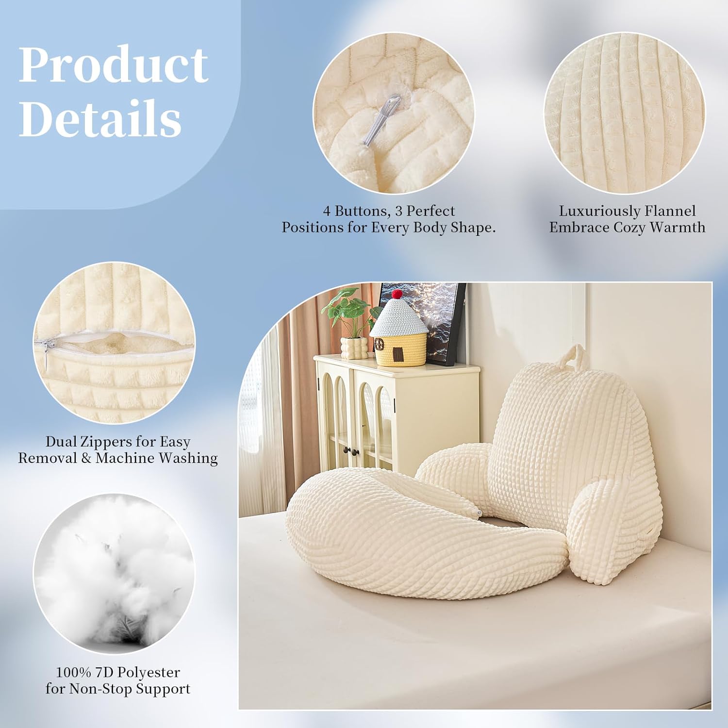 Bed Reading Pillow 17",Cozy Flannel U Shaped Back Support Cushion for Sitting up in Bed,Small Laptop Desk Lap Pillow for College Dorm,Apartment,Medium - White