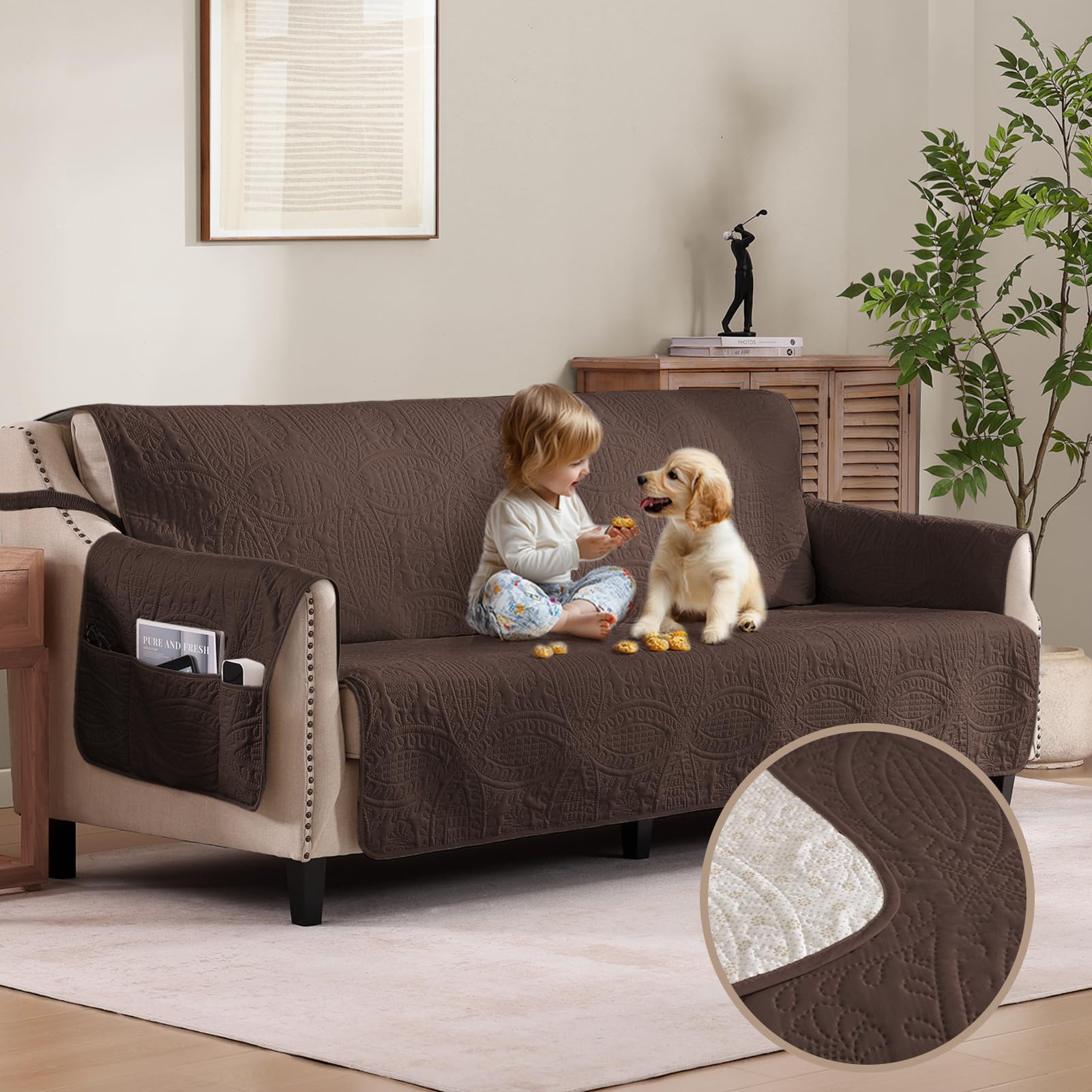 Quilted Sofa Slipcovers with Pockets, Anti-Slip Medallion Designed Couch Covers for 3 Cushion Sofa, Couch Cover for Dogs Cats Water-Repellent Machine Washable (Large Sofa 68", Ivory White)