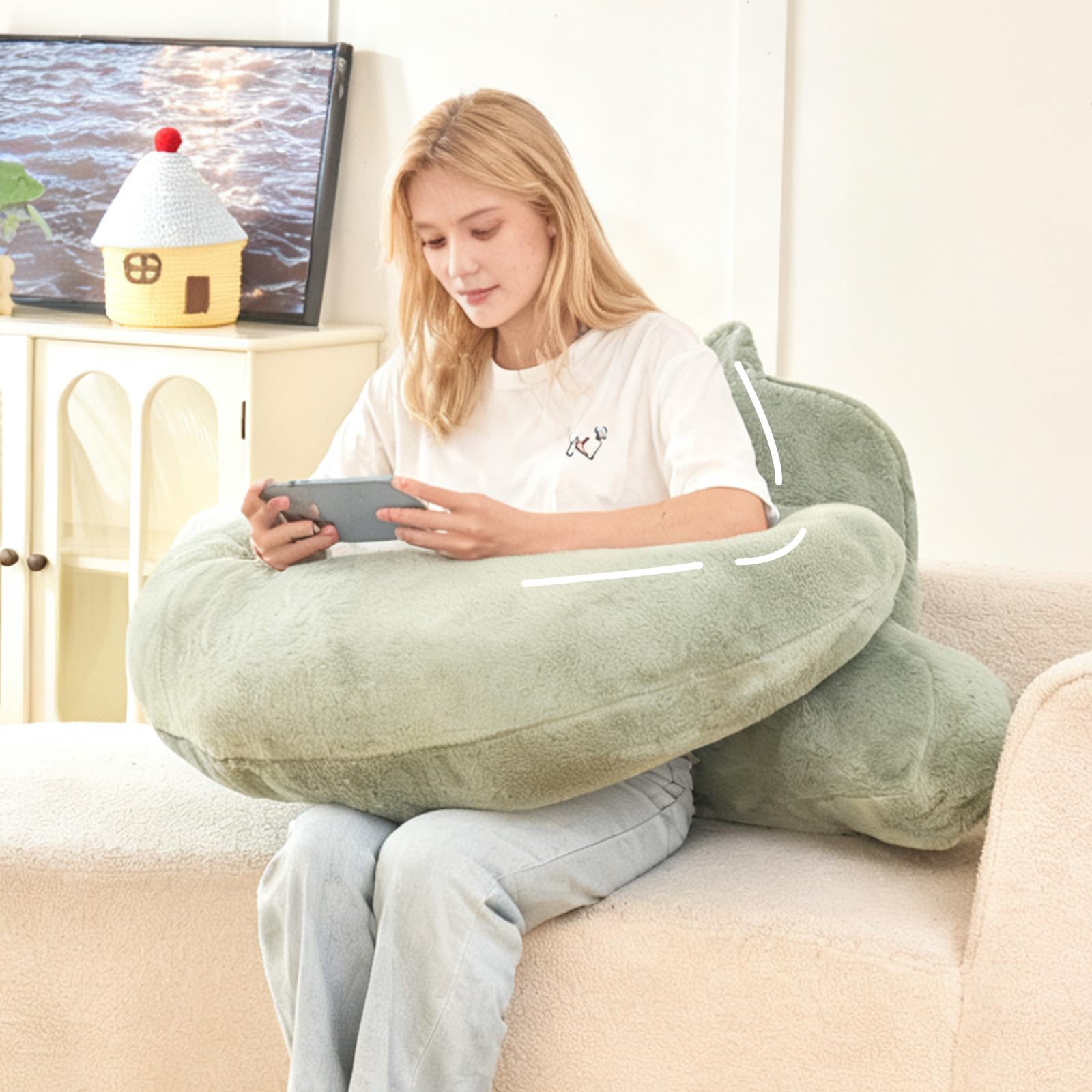 Bed Reading Pillow 17",Cozy Flannel U Shaped Back Support Cushion for Sitting up in Bed,Small Laptop Desk Lap Pillow for College Dorm,Apartment,Medium - White