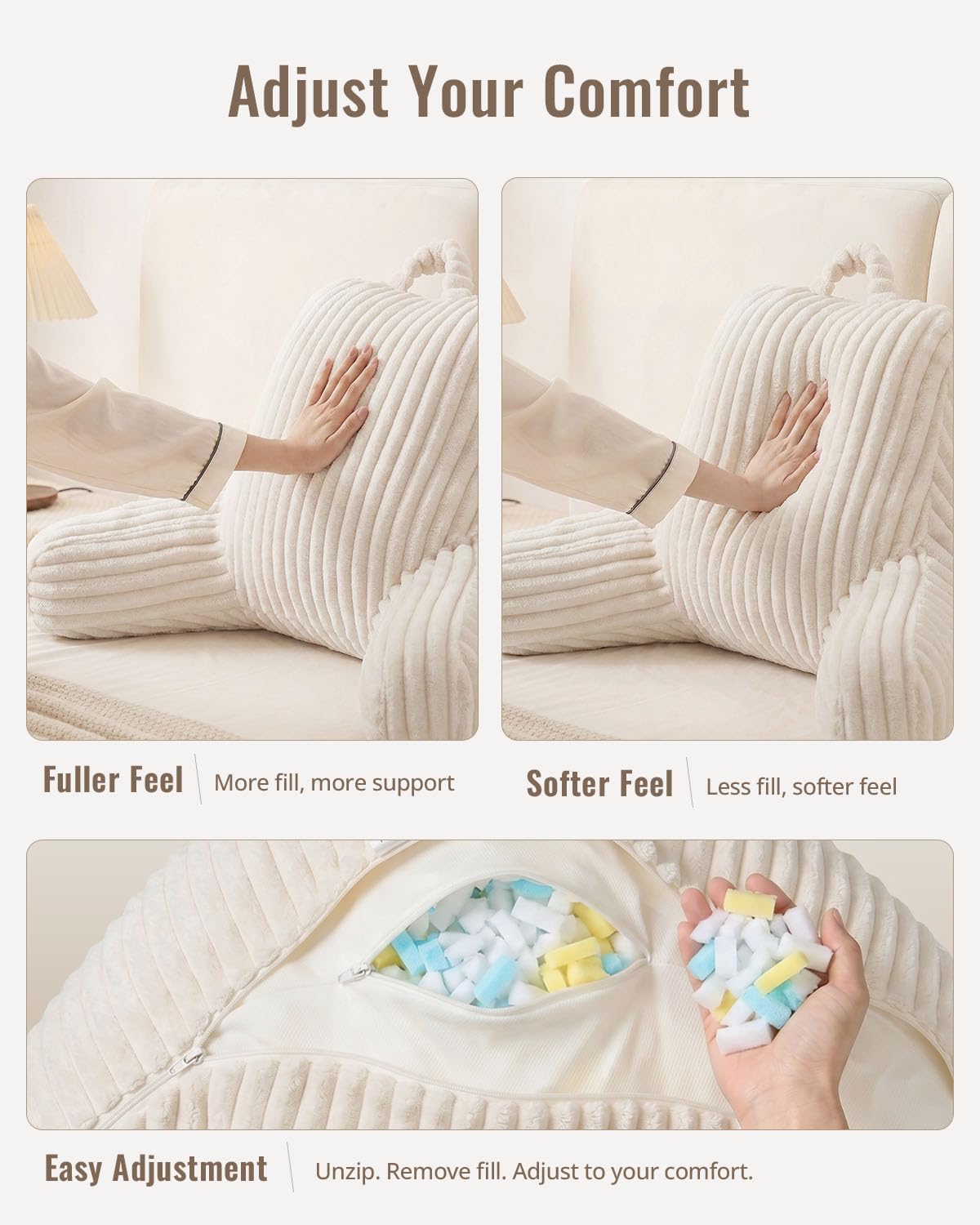 Blissful Diary Reading Pillow for Sitting in Bed, Flannel Back Pillow Bed Sitting Up for Adult & Children, Backrest Cushion for Sit Up in Couch or Floor, Dorm Essentials, Cream White