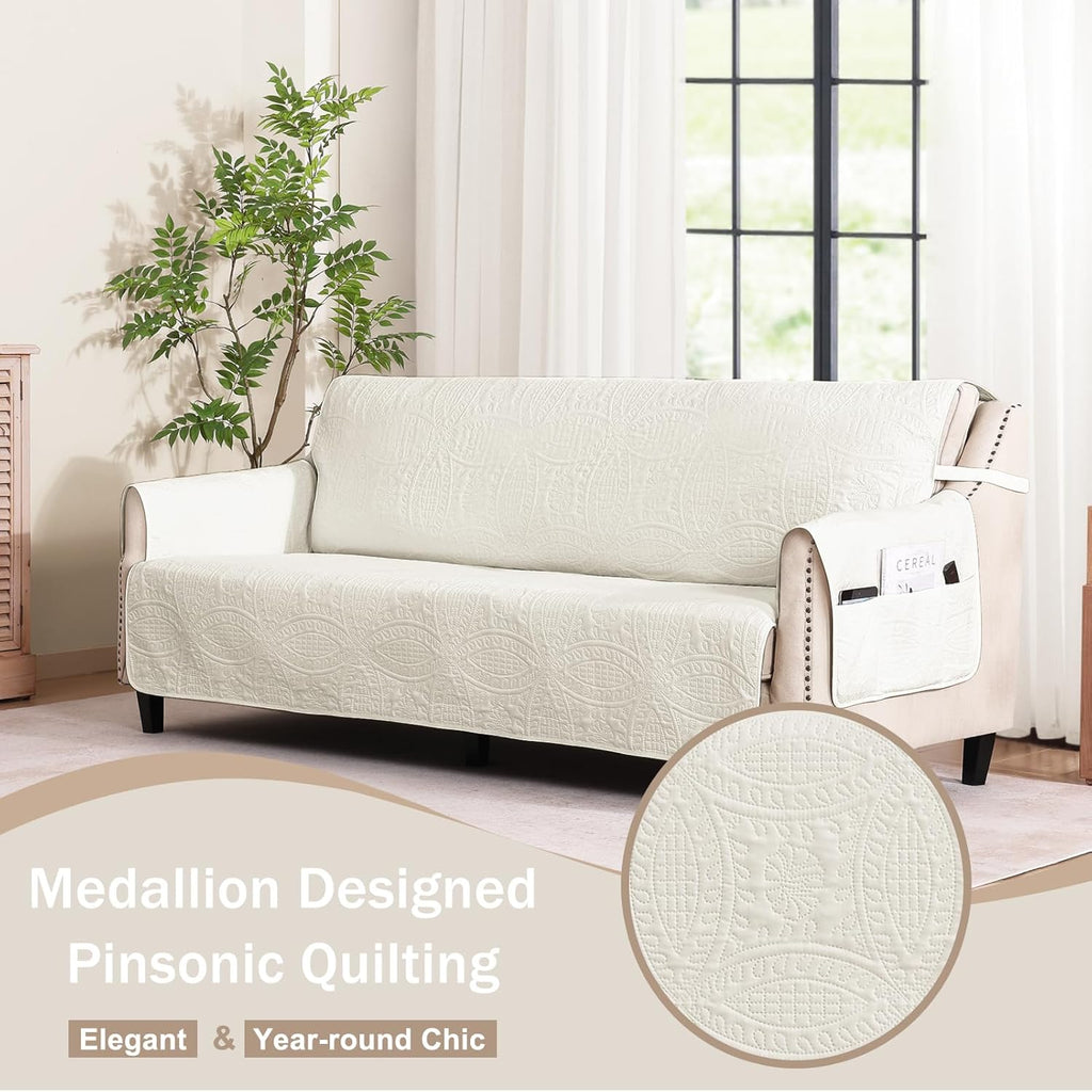 Quilted Sofa Slipcovers with Pockets, Anti-Slip Medallion Designed Couch Covers for 3 Cushion Sofa, Couch Cover for Dogs Cats Water-Repellent Machine Washable (Large Sofa 68", Ivory White)