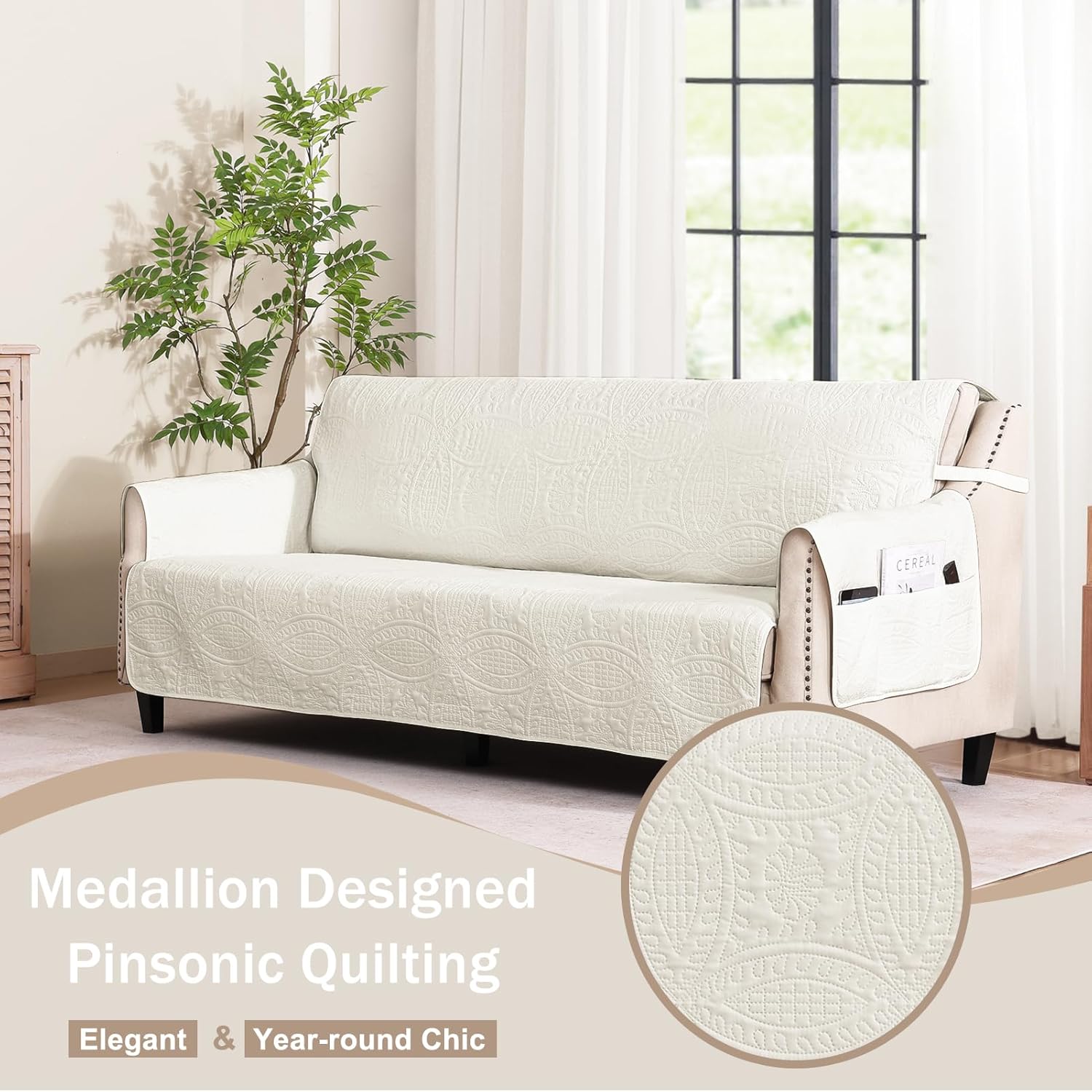 Quilted Sofa Slipcovers with Pockets, Anti-Slip Medallion Designed Couch Covers for 3 Cushion Sofa, Couch Cover for Dogs Cats Water-Repellent Machine Washable (Large Sofa 68", Ivory White)