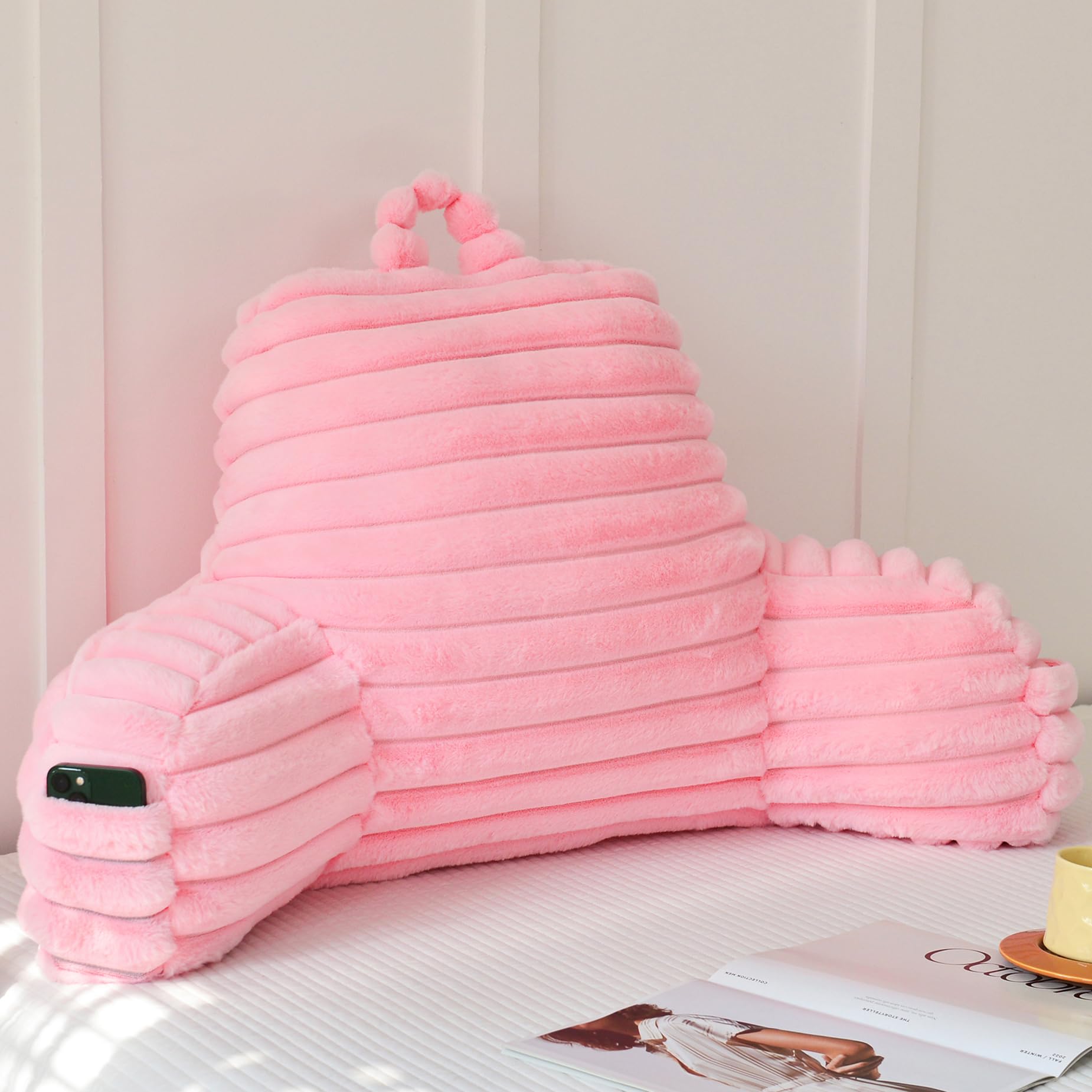 Fluffy Reading Pillow for Sitting in Bed, Large Backrest Bed Pillow with Arms, Back Support Pillow for Lounging Bedrest, Beige