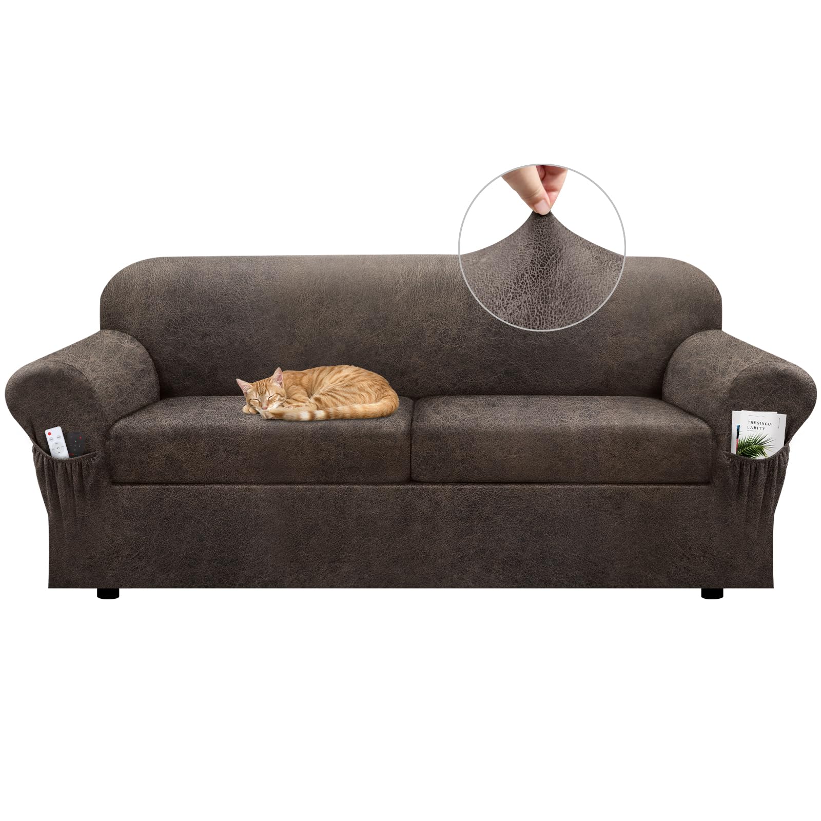 Sofa Slipcover with Armrest Pockets 4-Piece Set, Stretch Faux Leather Couch Cover for 3-Cushion Couches(Fits 72-92") - Non-Slip, Machine Washable, Pet & Kid Friendly - Beige