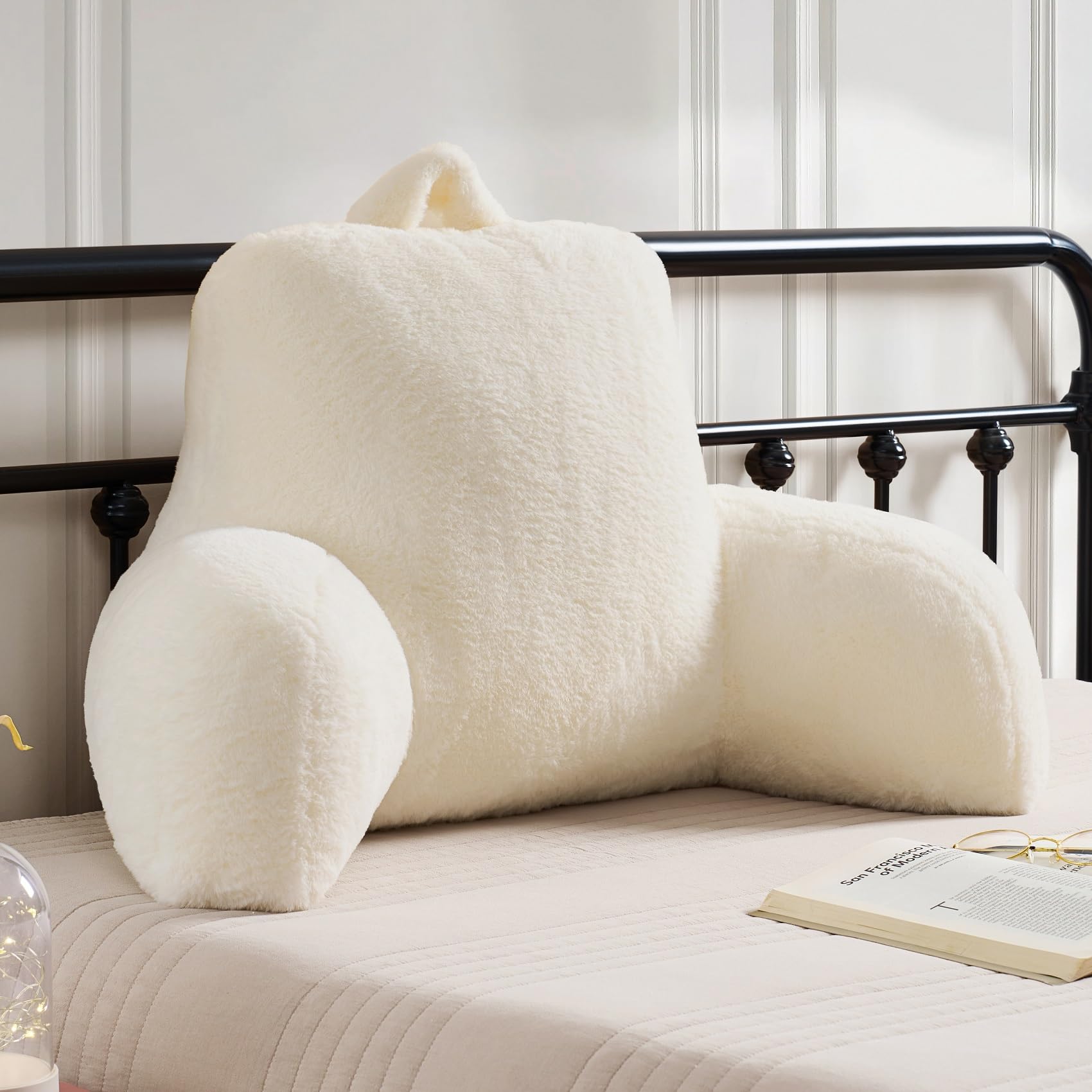 Faux Fur Reading Pillow for Bed/Couch/Floor/Dorm, Great Cozy Back Pillow for Bed Sitting Up, Fluffy Fur Bed Pillow for Sitting Up for Adults/Teens/Kids, Upgrade Back Support Pillow, Ivory