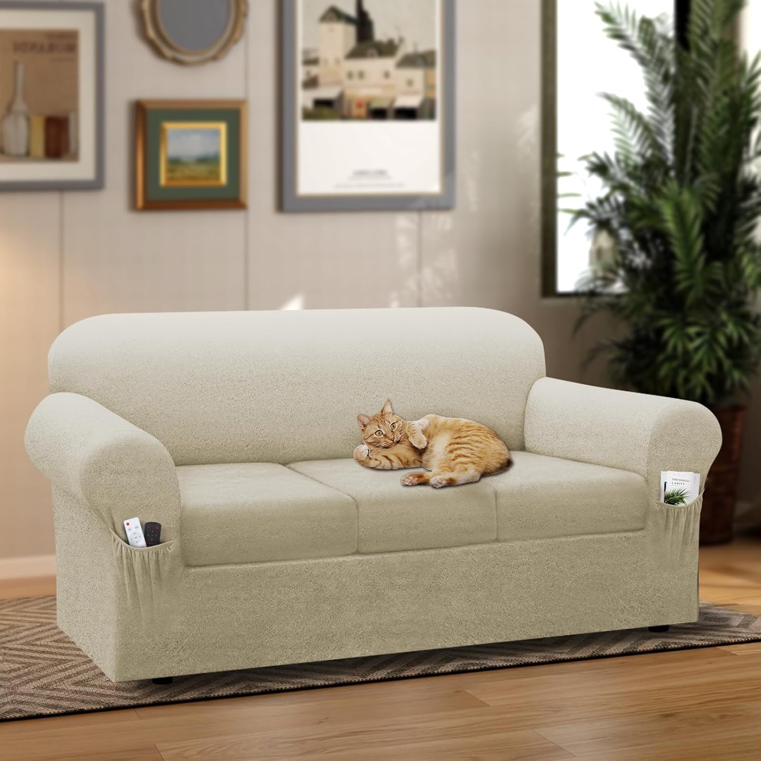 Sofa Slipcover with Armrest Pockets 4-Piece Set, Stretch Faux Leather Couch Cover for 3-Cushion Couches(Fits 72-92") - Non-Slip, Machine Washable, Pet & Kid Friendly - Beige