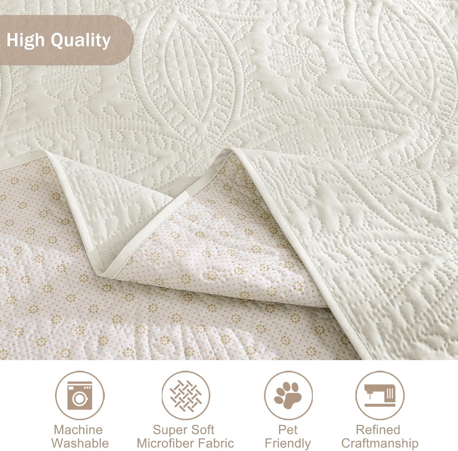 Quilted Sofa Slipcovers with Pockets, Anti-Slip Medallion Designed Couch Covers for 3 Cushion Sofa, Couch Cover for Dogs Cats Water-Repellent Machine Washable (Large Sofa 68", Ivory White)