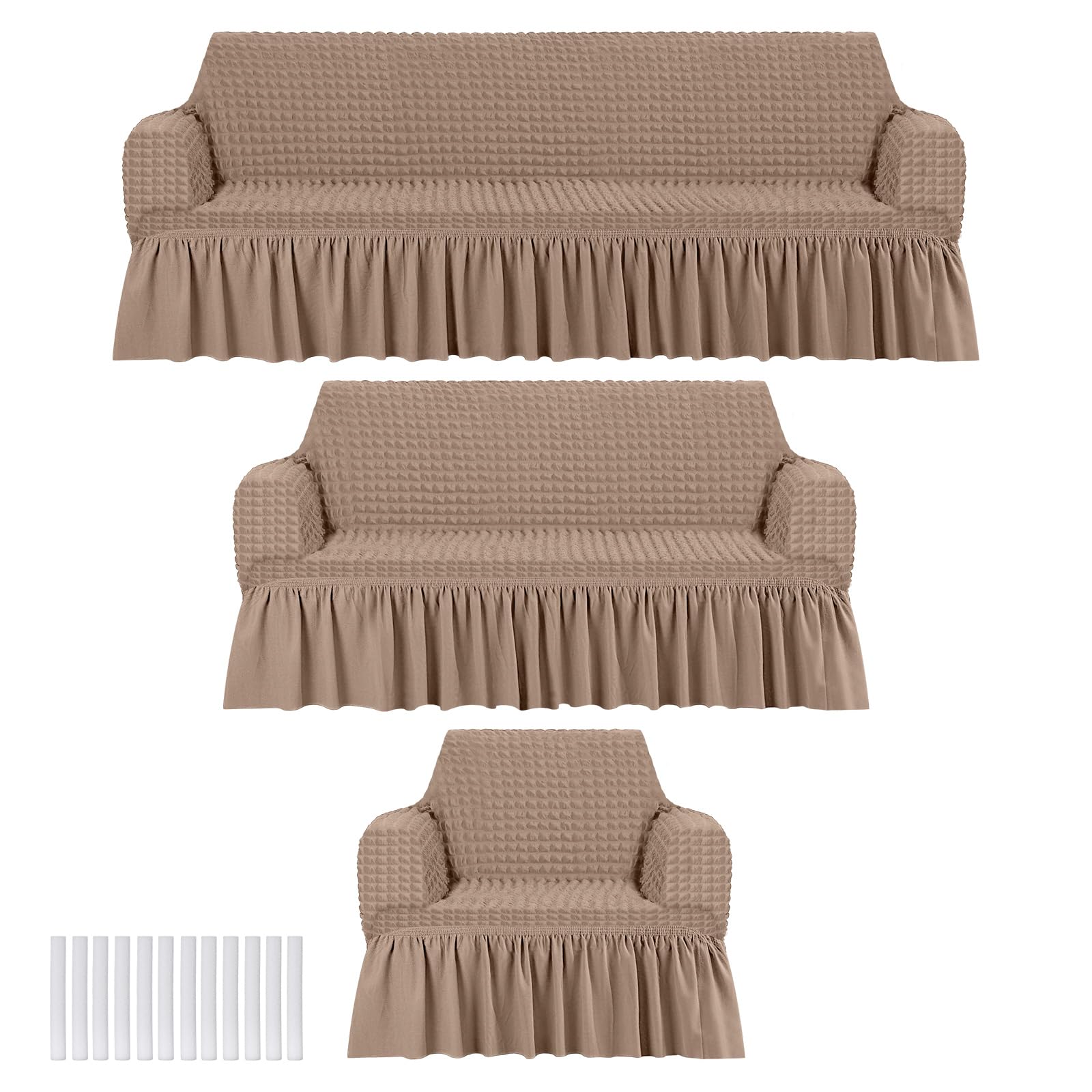 Fanfanwin 3 Pcs Sofa Slipcover Set for Couch Cushion Durable Washable High Elastic Stretchable Furniture Couch Covers with Skirt for Sofa Loveseat Arm Chair(Beige,Seersucker)