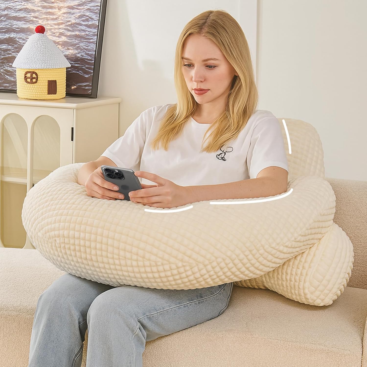 Bed Reading Pillow 17",Cozy Flannel U Shaped Back Support Cushion for Sitting up in Bed,Small Laptop Desk Lap Pillow for College Dorm,Apartment,Medium - White