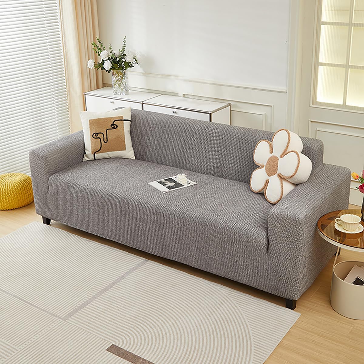 Cotton Linen Couch Cover, Stretch Sofa Protector, Anti-Slip, All-Inclusive, Washable, All-Season Furniture Protector, for 1 2 3 4 Seater Pet-Friendly Beige 3 Seater-190-230cm