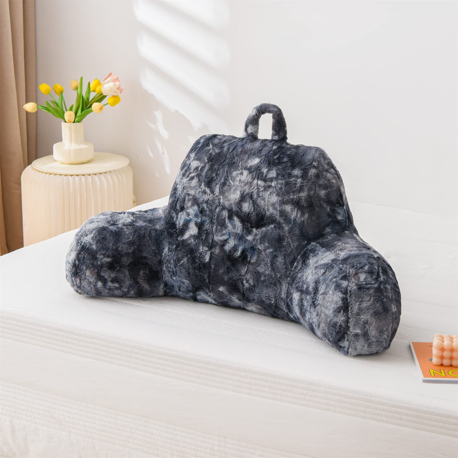 Ivory Faux Fur Wedge Reading Pillow with Arms, Large Back Support for Bed & Couch
