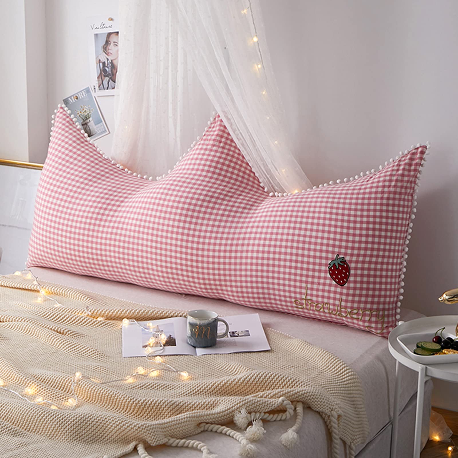 Cute Princess Crown Headboard Backrest,Girls Reading Pillow Bedside Cushion,Support Waist Backrest,for Daybed Tatami (Color : Grey Grid, Size : 12080cm)