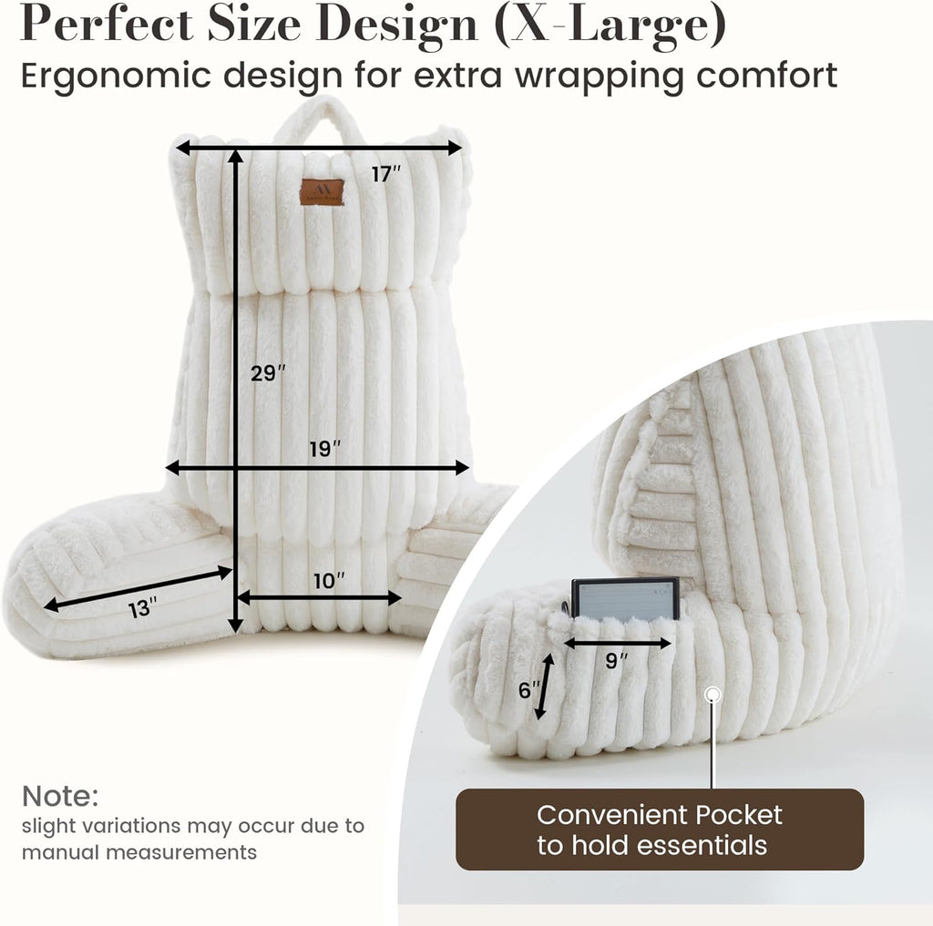 Amélie Home Faux Fur Reading Pillow with Pocket for Sitting in Bed, Adult Backrest Bed Pillow with Washable Cover for Lounging, Watching TV/Gaming/Resting/Post/Surgery/Nursing, Ivory, 29 inches