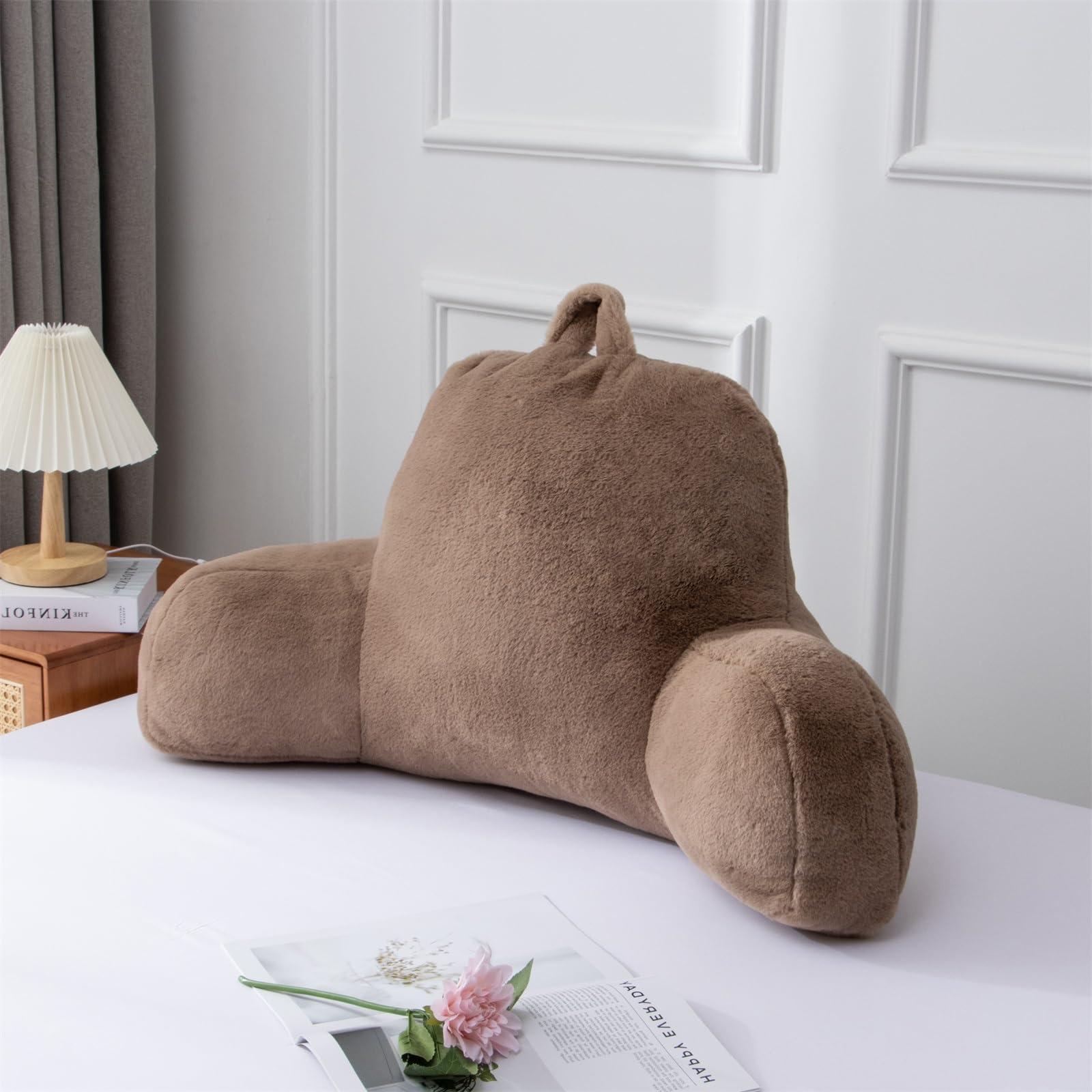Ivory Faux Fur Wedge Reading Pillow with Arms, Large Back Support for Bed & Couch