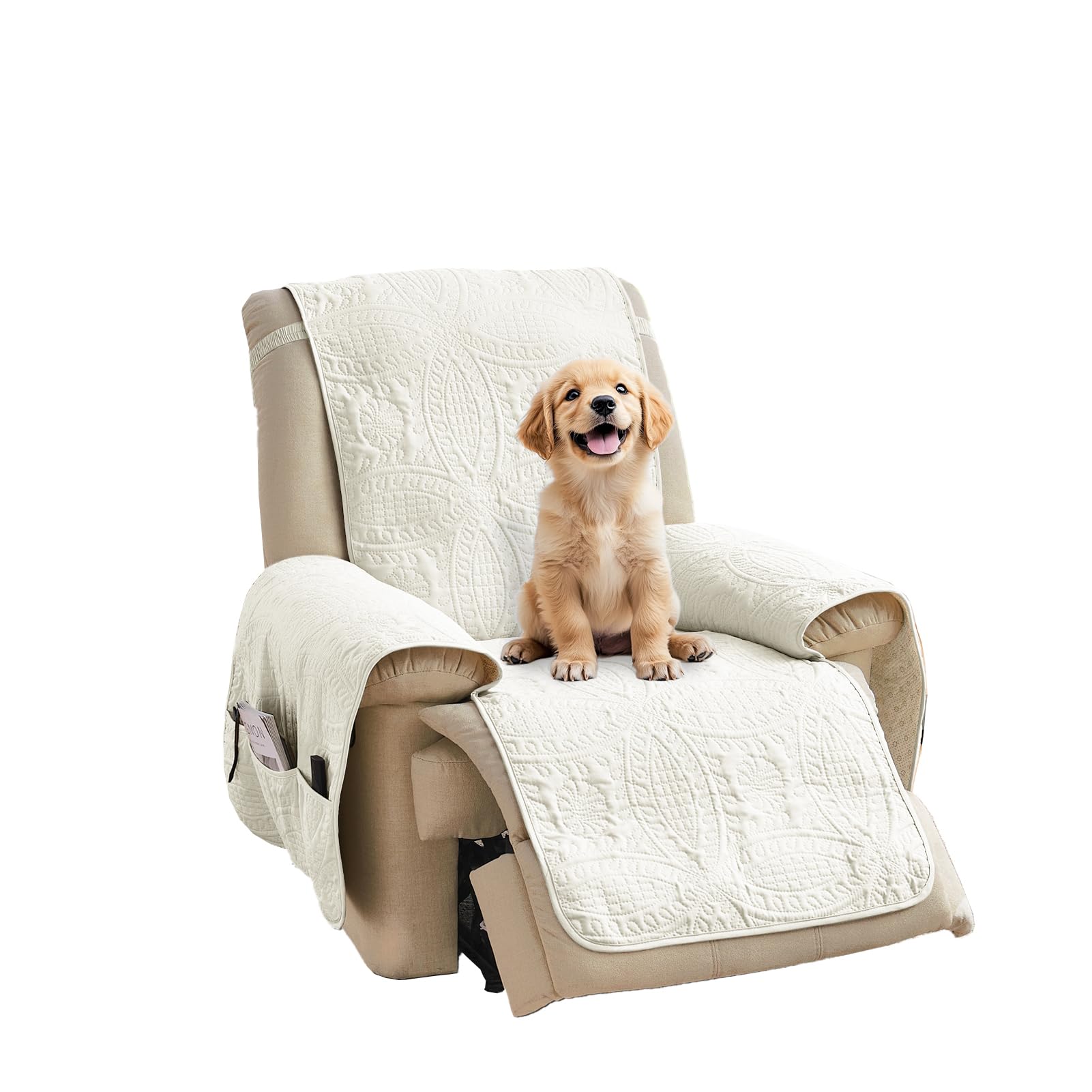 Quilted Sofa Slipcovers with Pockets, Anti-Slip Medallion Designed Couch Covers for 3 Cushion Sofa, Couch Cover for Dogs Cats Water-Repellent Machine Washable (Large Sofa 68", Ivory White)