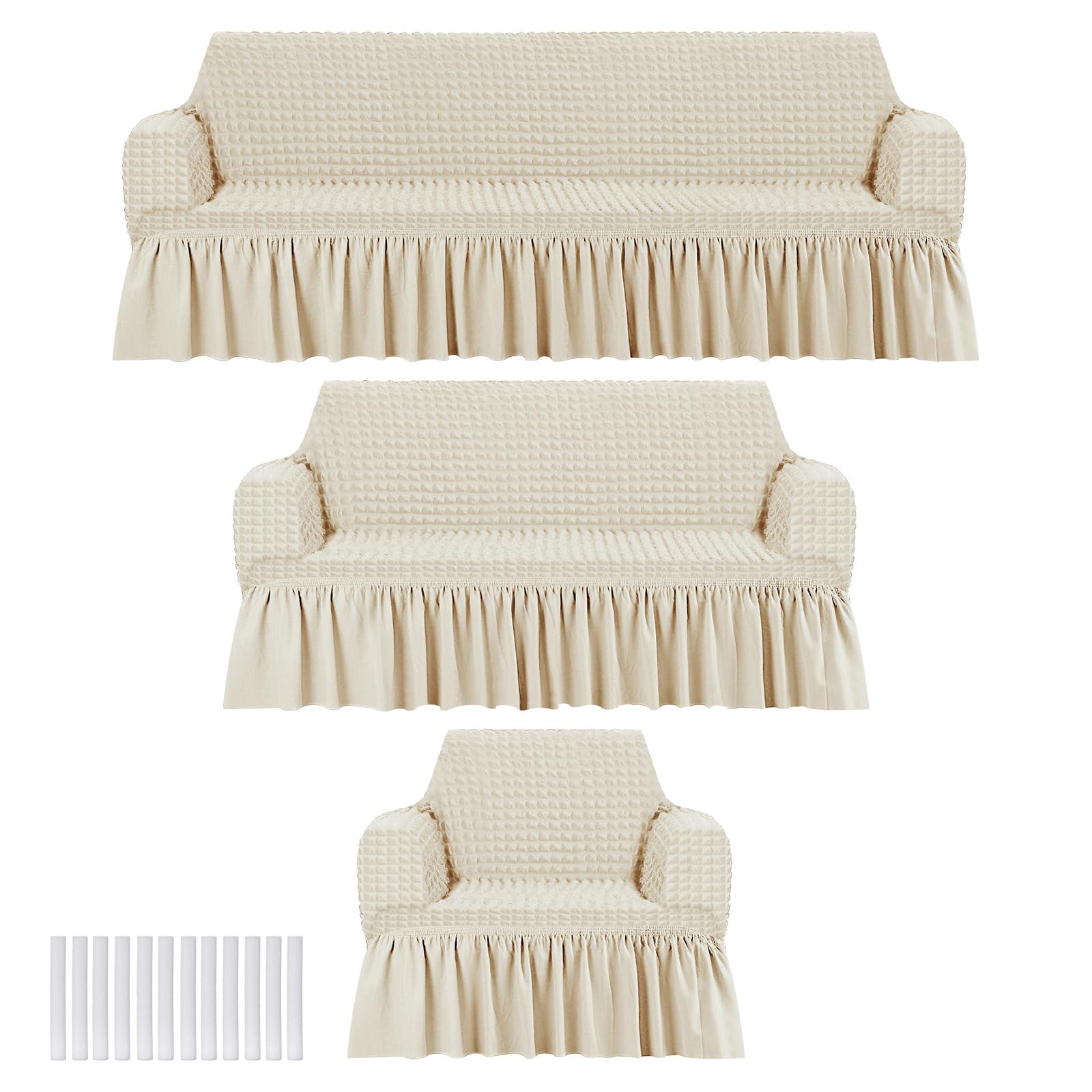 Fanfanwin 3 Pcs Sofa Slipcover Set for Couch Cushion Durable Washable High Elastic Stretchable Furniture Couch Covers with Skirt for Sofa Loveseat Arm Chair(Beige,Seersucker)