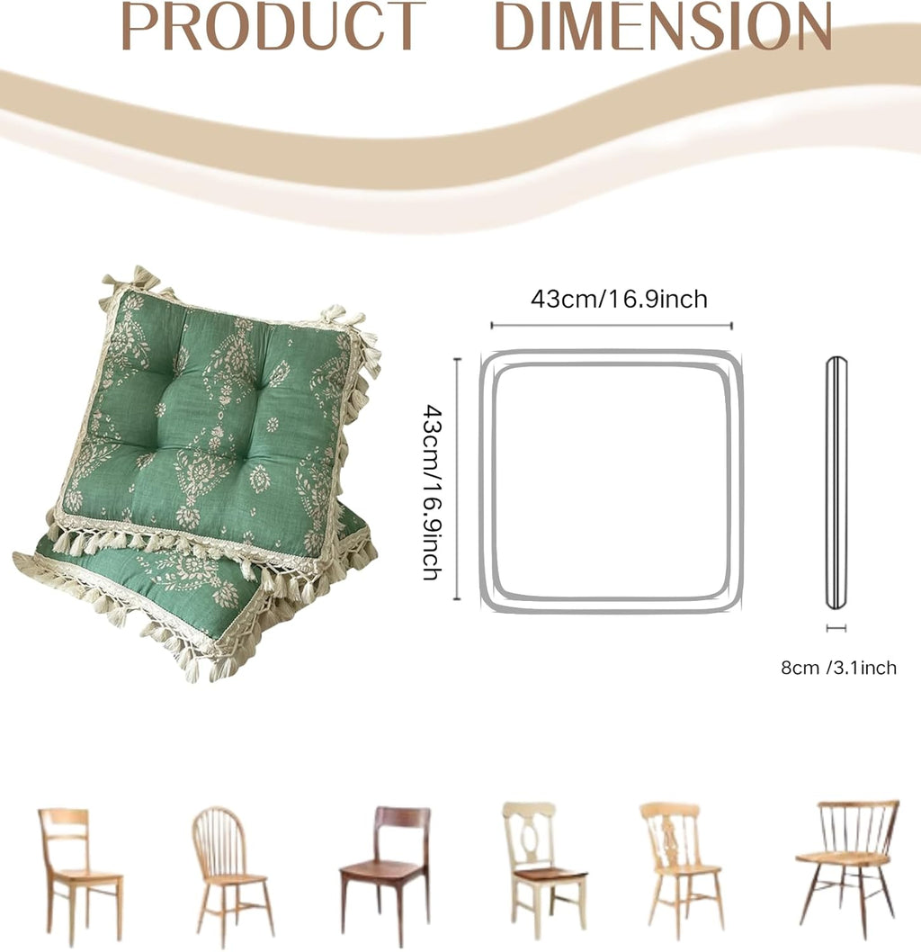Set of 2 Floral Printed Chair Pads with Tassels Cotton Linen Square Chair Cushions 17x17x3 Inch Seat Cushion for Living Room Kitchen and Officewooden Chair (Green,17"x17")