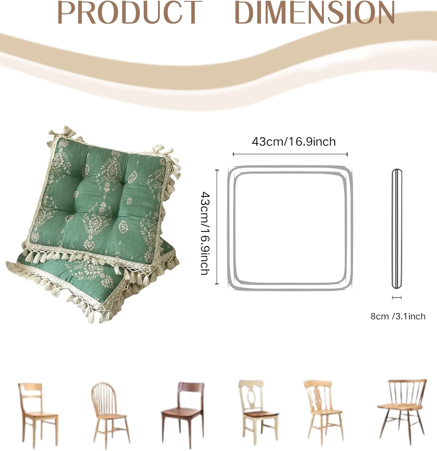 Set of 2 Floral Printed Chair Pads with Tassels Cotton Linen Square Chair Cushions 17x17x3 Inch Seat Cushion for Living Room Kitchen and Officewooden Chair (Green,17"x17")