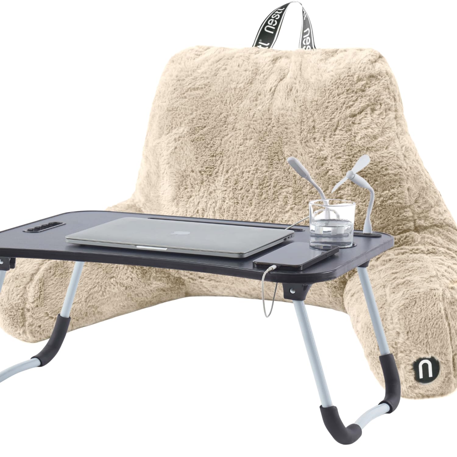 Nestl Fur Reading Pillow, Stylish Back Pillow for Bed Sitting Up, Faux Fur Bed Chair Pillow with Arms, Reading Pillows for Sitting in Bed Adult & Kids, Sit Up Back Support Pillow for Bed Rest - Linen