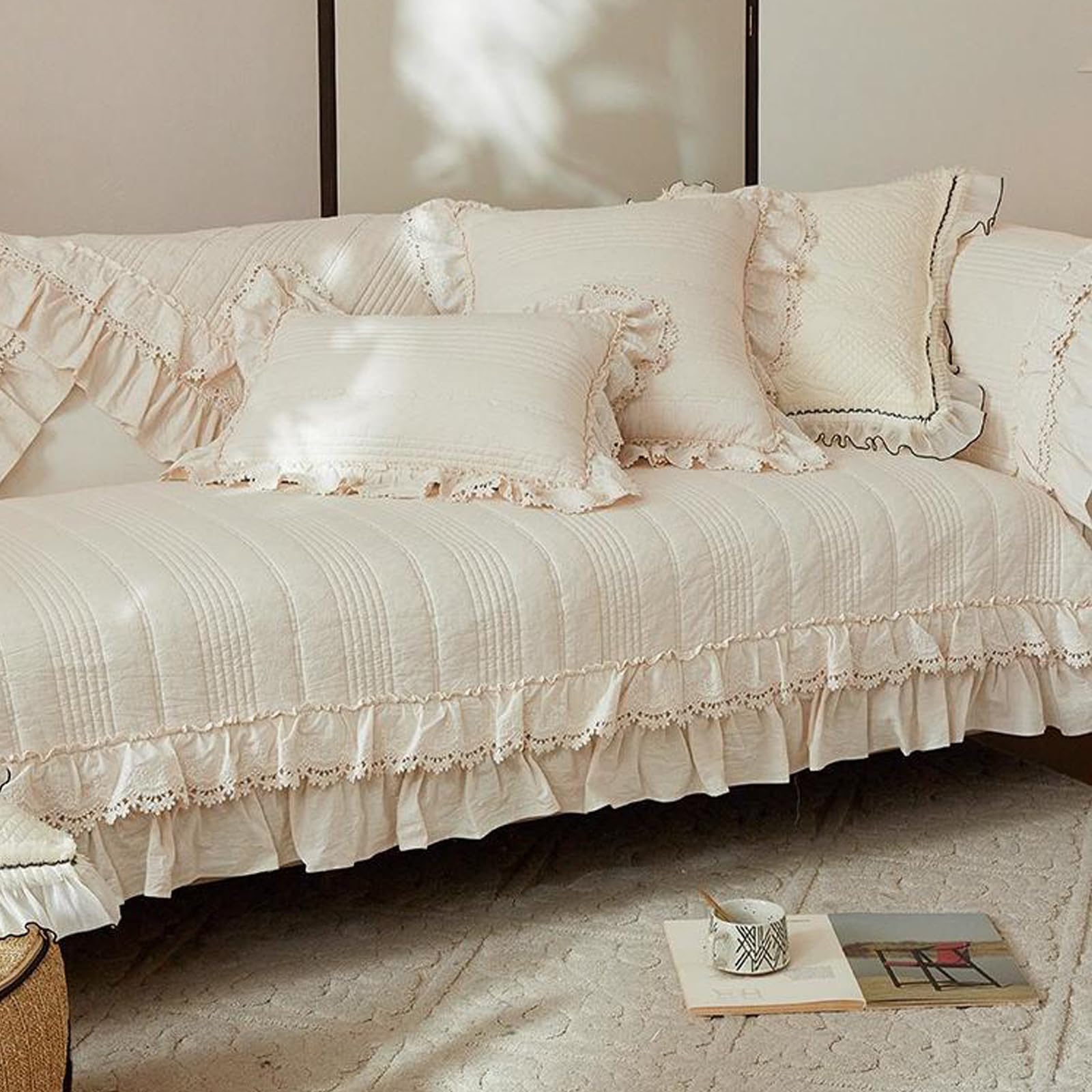 Leeva French Cream Ruffle Lace Quilted Sofa Slipcover, Beige Couch Protector & Decorative Slipcover for Living Room Cream Aesthetic Cottage Decor, Cotton-Linen Fabric, 27"x59"