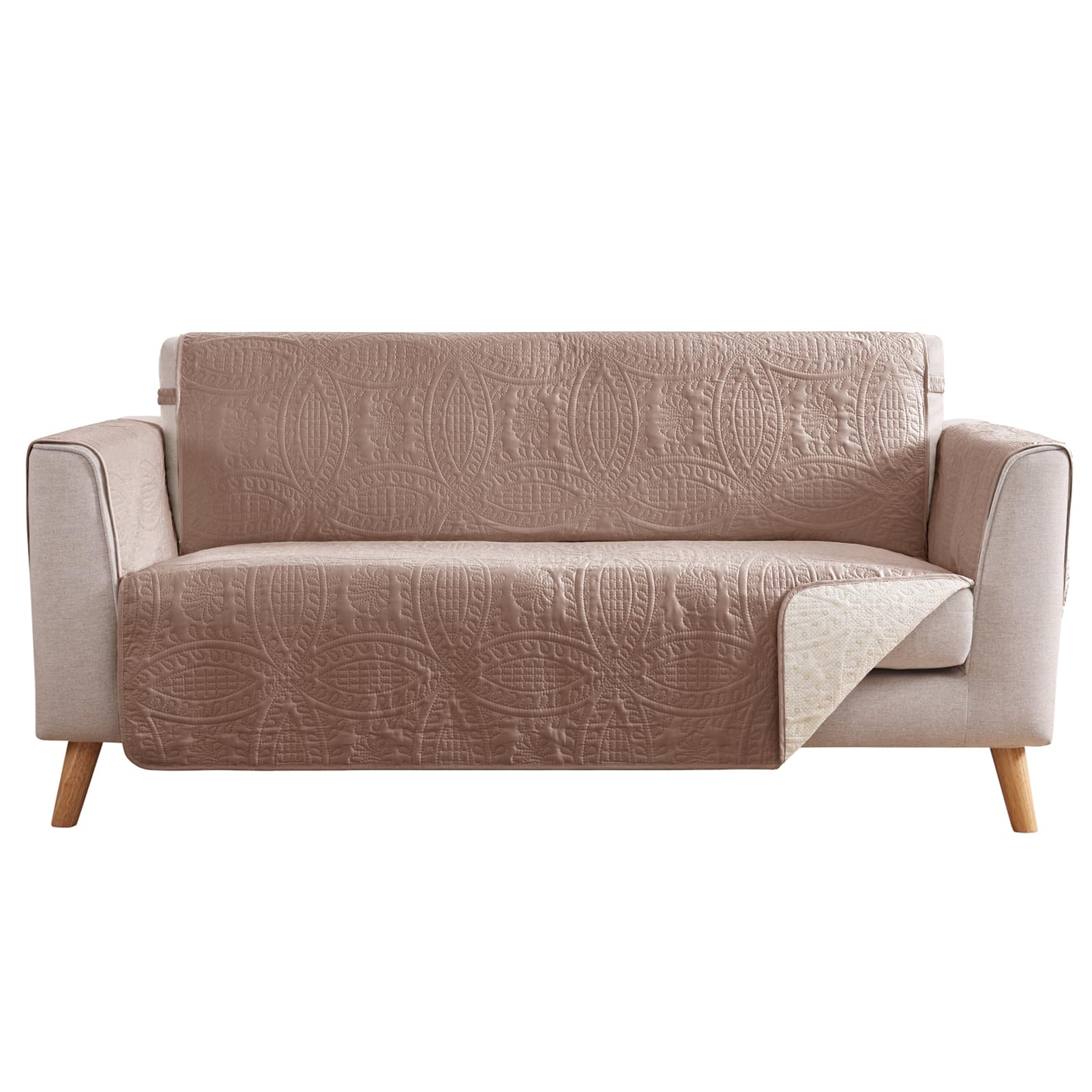 Quilted Sofa Slipcovers with Pockets, Anti-Slip Medallion Designed Couch Covers for 3 Cushion Sofa, Couch Cover for Dogs Cats Water-Repellent Machine Washable (Large Sofa 68", Ivory White)