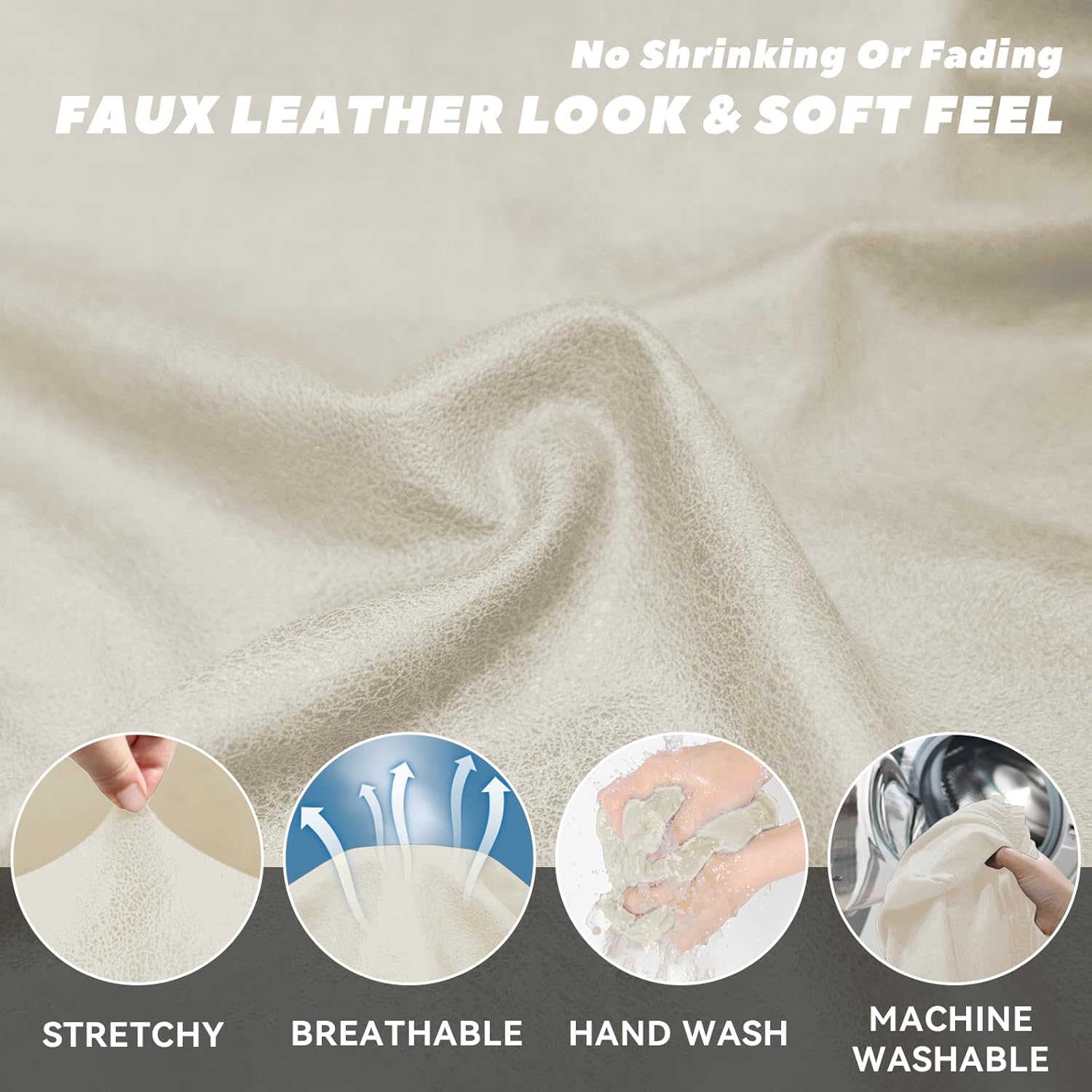 Sofa Slipcover with Armrest Pockets 4-Piece Set, Stretch Faux Leather Couch Cover for 3-Cushion Couches(Fits 72-92") - Non-Slip, Machine Washable, Pet & Kid Friendly - Beige