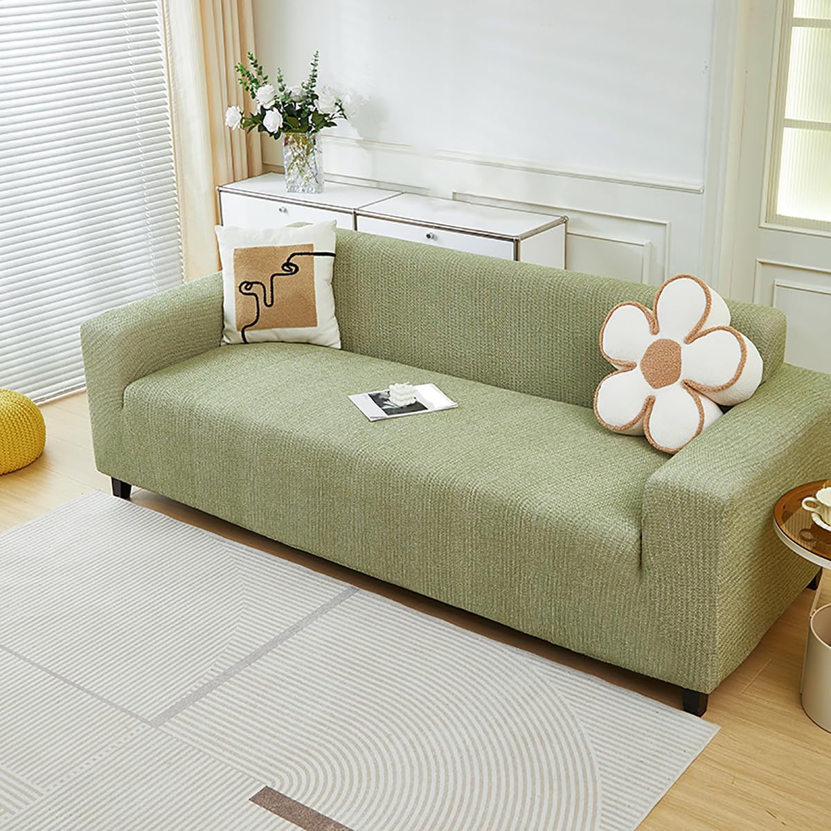 Cotton Linen Couch Cover, Stretch Sofa Protector, Anti-Slip, All-Inclusive, Washable, All-Season Furniture Protector, for 1 2 3 4 Seater Pet-Friendly Beige 3 Seater-190-230cm